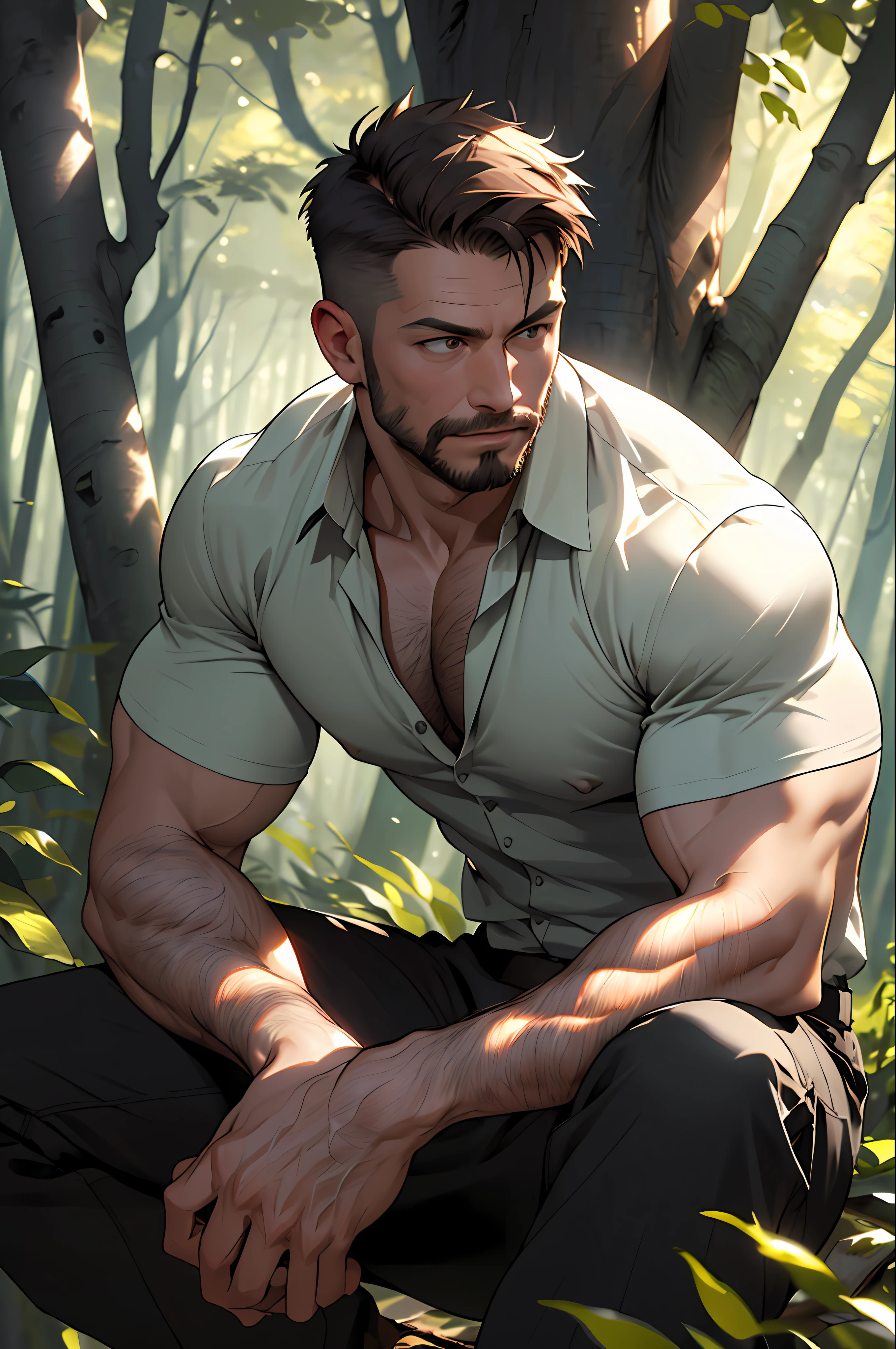 Best quality, masterpiece, expressionless,ultra high res,detailed background,realistic,1man,solo,male,muscular,mature male,short hair,facial hair,sitting,tree,forest,real shadow and light,depth of field,shirt open, underwear