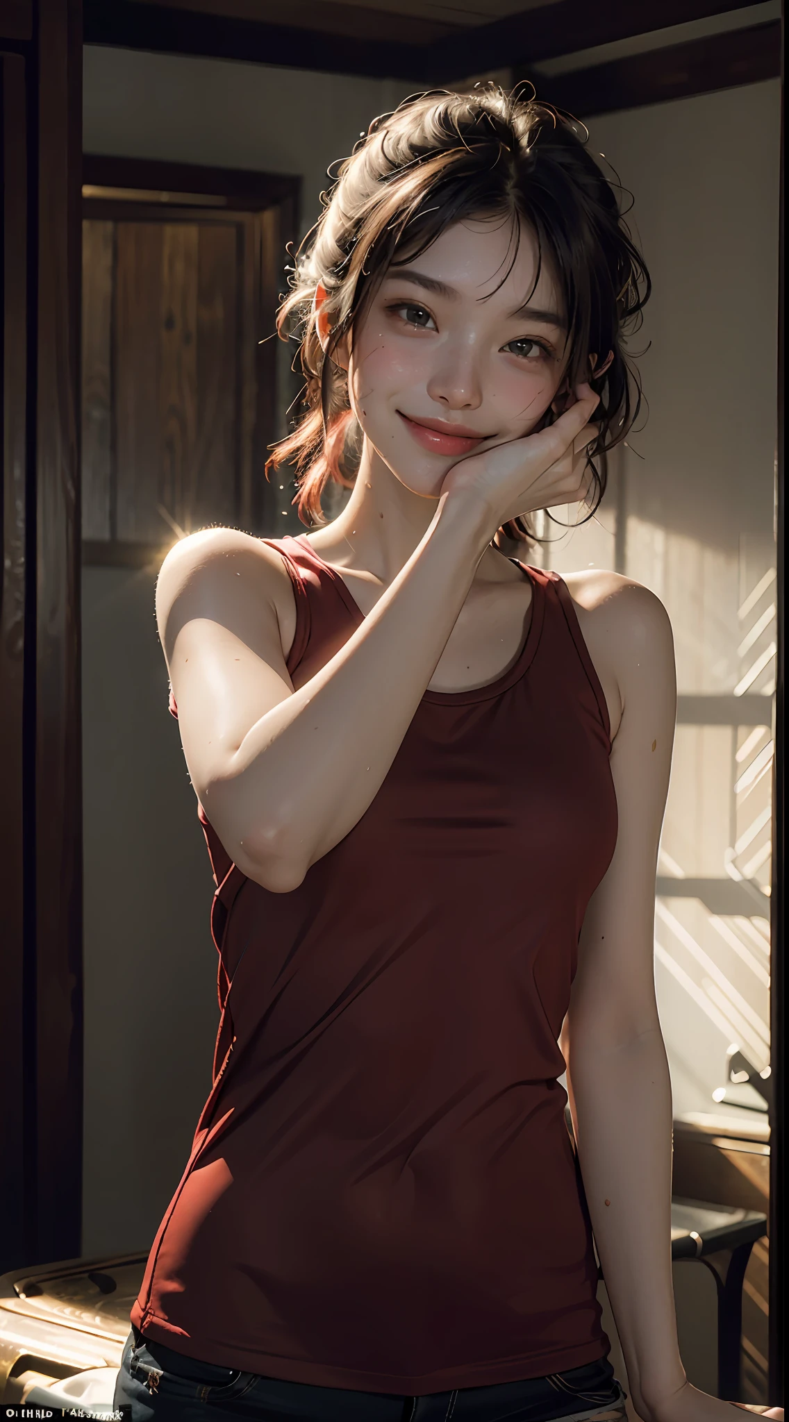 Top quality, masterpiece, ultra high definition, (Reality: 1.4), Original photo, 1Girl, cinematic lighting, smile, bright, photo-like, sweaty, face red, pose to take photo