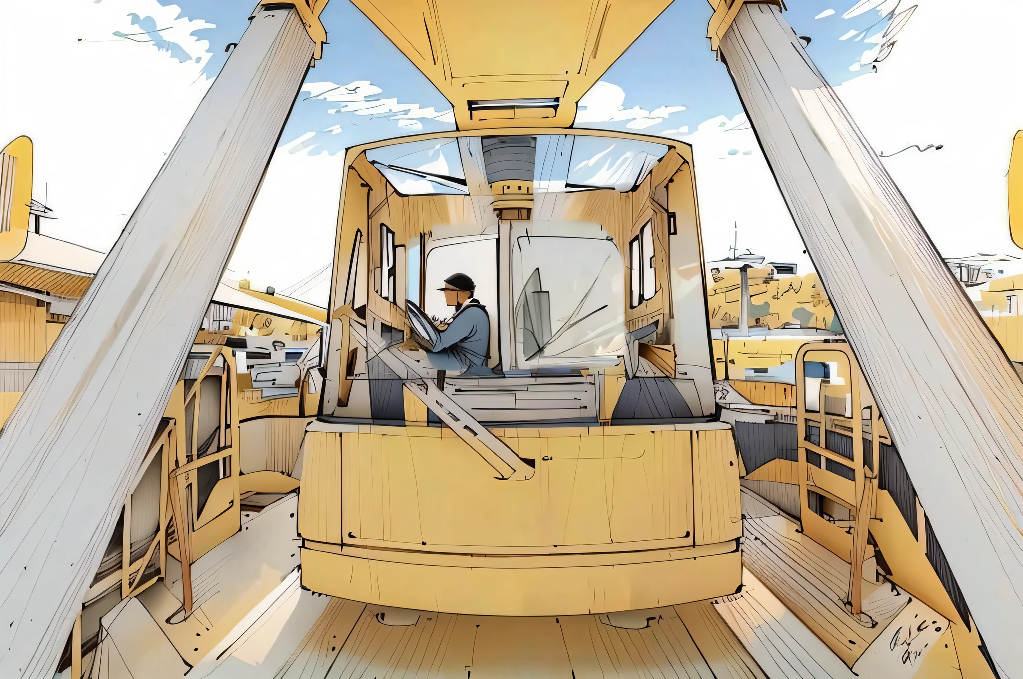 linear, gray, white background, simple background, sketch, sketch, pen_sketch_style, crane operator sitting in cab, front photo, first person