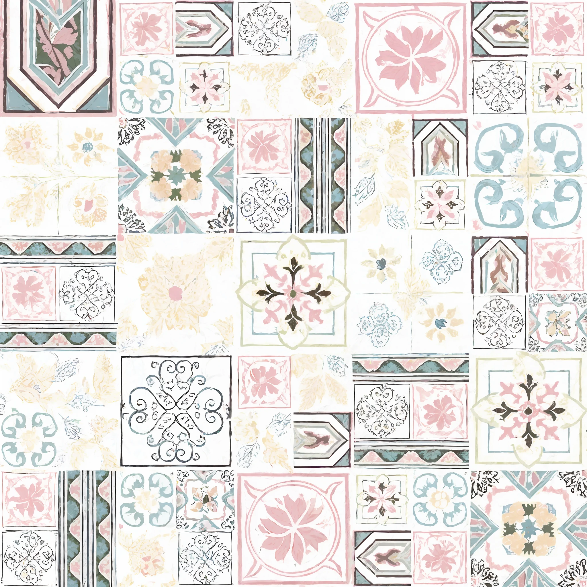 a colorful tile pattern with different colors and designs, delicate patterned, tiled, nordic pastel colors, wallpaper pattern, azulejo, tiles, patterned background, patterned tilework, background pastel, mosaic style, cozy calm! fabrics textiles, patchwork, pastel', by Anita Malfatti, by Margo Hoff, damask patern, repeating pattern, paisley