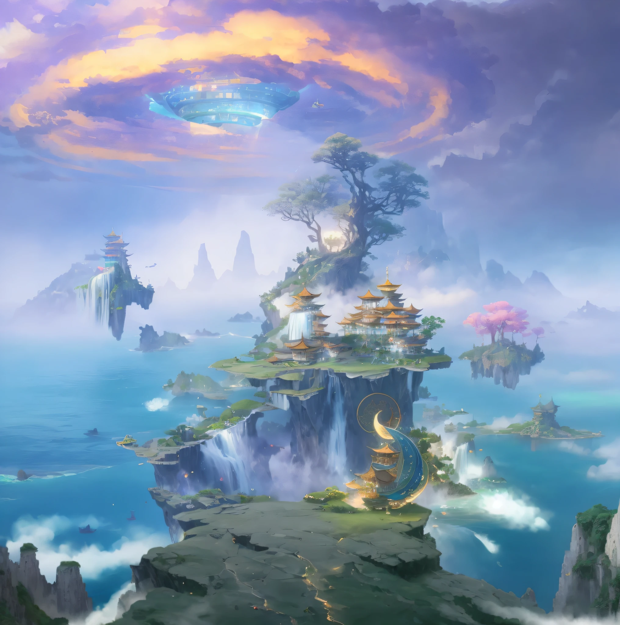 Many islands suspended in the air, airships flying large and small in the sky, martial arts, cliffs, ancient Chinese buildings, waterfalls, fantasy, wonderland, growing magical plants, mist, realistic light, epic composition, (intricate details), (hyper-detail: 1.2), art station, (masterpiece, best quality, super high-definition), 32k award-winning photography, background bokeh, depth of field, HDR, bloom, chromatic aberration, realism, very detailed, trends on artstation, CGsociety On trends, intricate, highly detailed, dramatic, midjourney art --v 6
