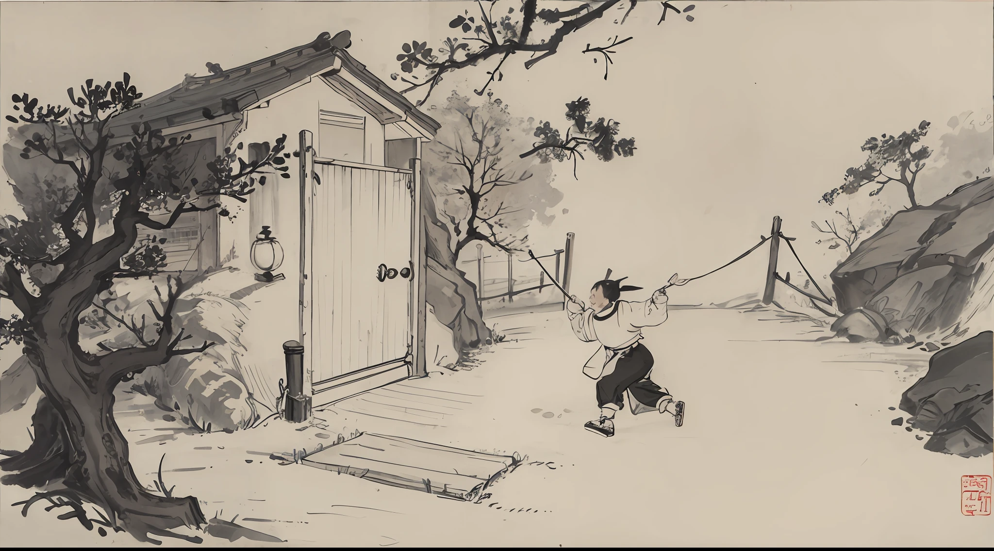 (Masterpiece, best quality: 1.2), traditional Chinese ink painting, fence, doorway of a house, 1 man, happy, laughing, braised pork,