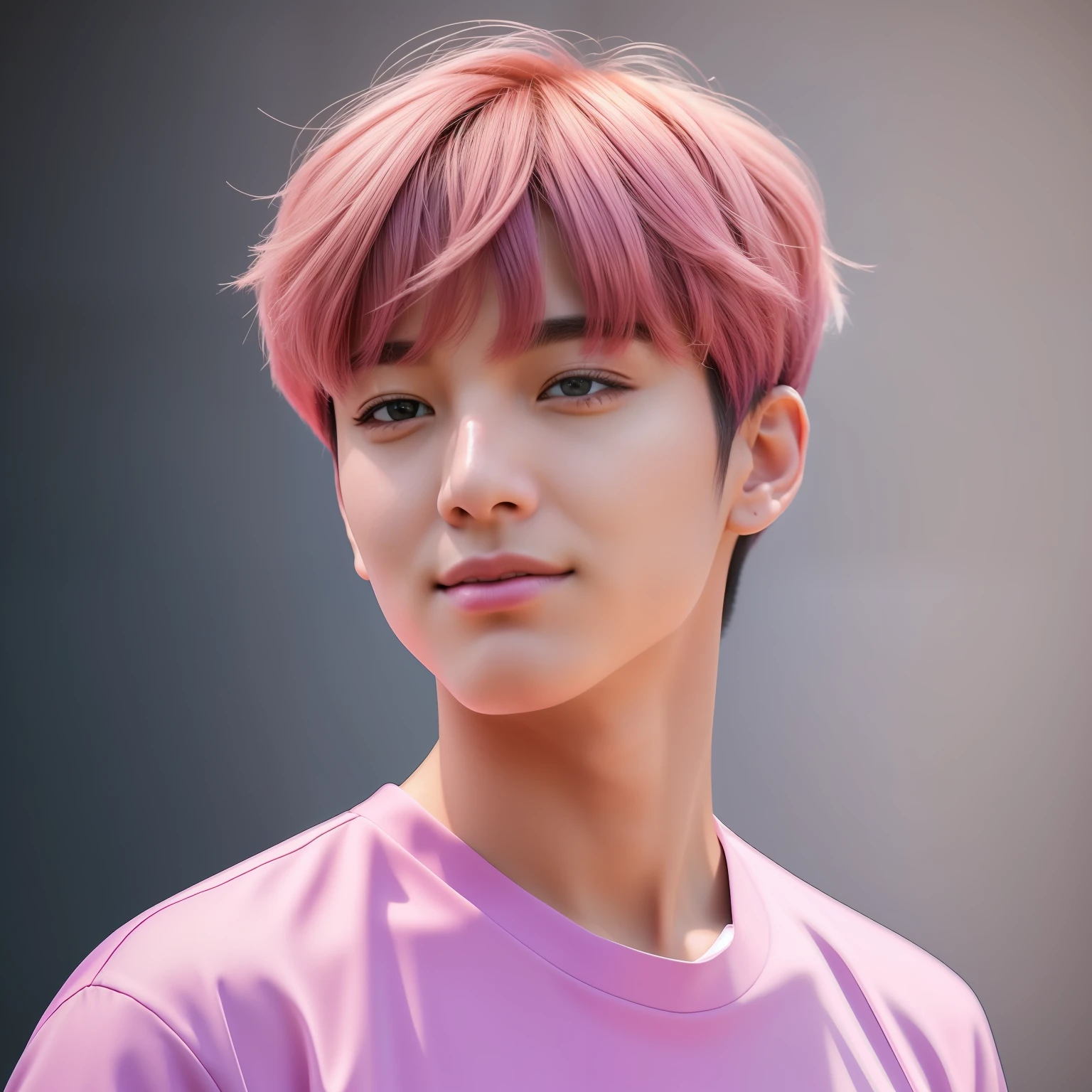 Kim Taehyung (BTS), photographed in front of a wall with a colorful gradient, wearing a shirt, pink hair, smiling expressions, realistic portraits, Raw simulation style, makes him the focus of the image. Pay attention to details such as highlights and shadows on the face and hair to create a realistic and realistic image. Try different lighting techniques to enhance the mood and atmosphere of your portrait. ((High Detail Skin, Skin Detail)), Clear Focus, Volumetric Fog, 8K Ultra HD, SLR, High Quality, Film Granules, Fujifilm XT3