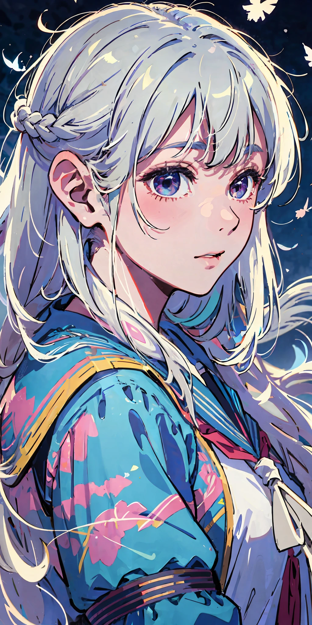 (masterpiece), (best quality),school background,  (ultra detailed),(disheveled hair),(illustration), (1girl), (wearing korean school uniform ), standing, Fashion model, looking at viewer, (interview), (korean school background ),beautiful detailed eyes, delicate beautiful face, Floating,(high saturation),(colorful splashes),colorful bubble,(shining), focus on face,  hair braids , kamisato ayaka, light white hair, bangs, hair ring, floating butterflies , floating hairs, (shining), best lighting, best shadow,