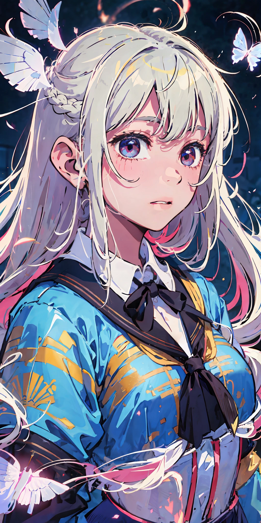 (masterpiece), (best quality),school background, (ultra detailed),(disheveled hair),(illustration), (1girl), (wearing korean school uniform ), standing, Fashion model, looking at viewer, (interview), (korean school background ),beautiful detailed eyes, delicate beautiful face, Floating,(high saturation),(colorful splashes),colorful bubble,(shining), focus on face, hair braids , kamisato ayaka, light white hair, bangs, hair ring, floating butterflies , floating hairs, (shining), best lighting, best shadow,