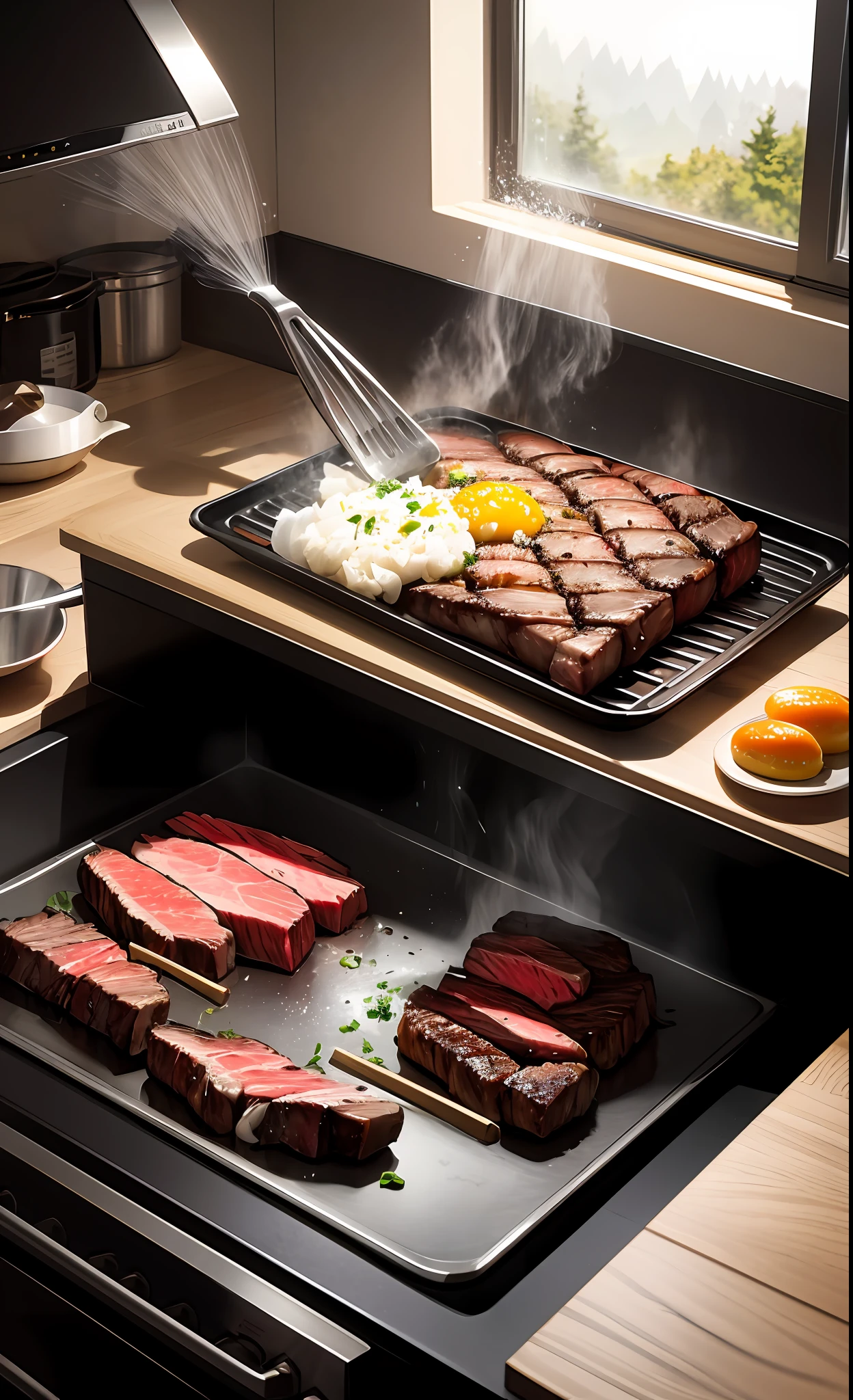 Ultra detailed 8K CG, steak in pan, high heat inside pan, onion, high steam, kitchen scenery