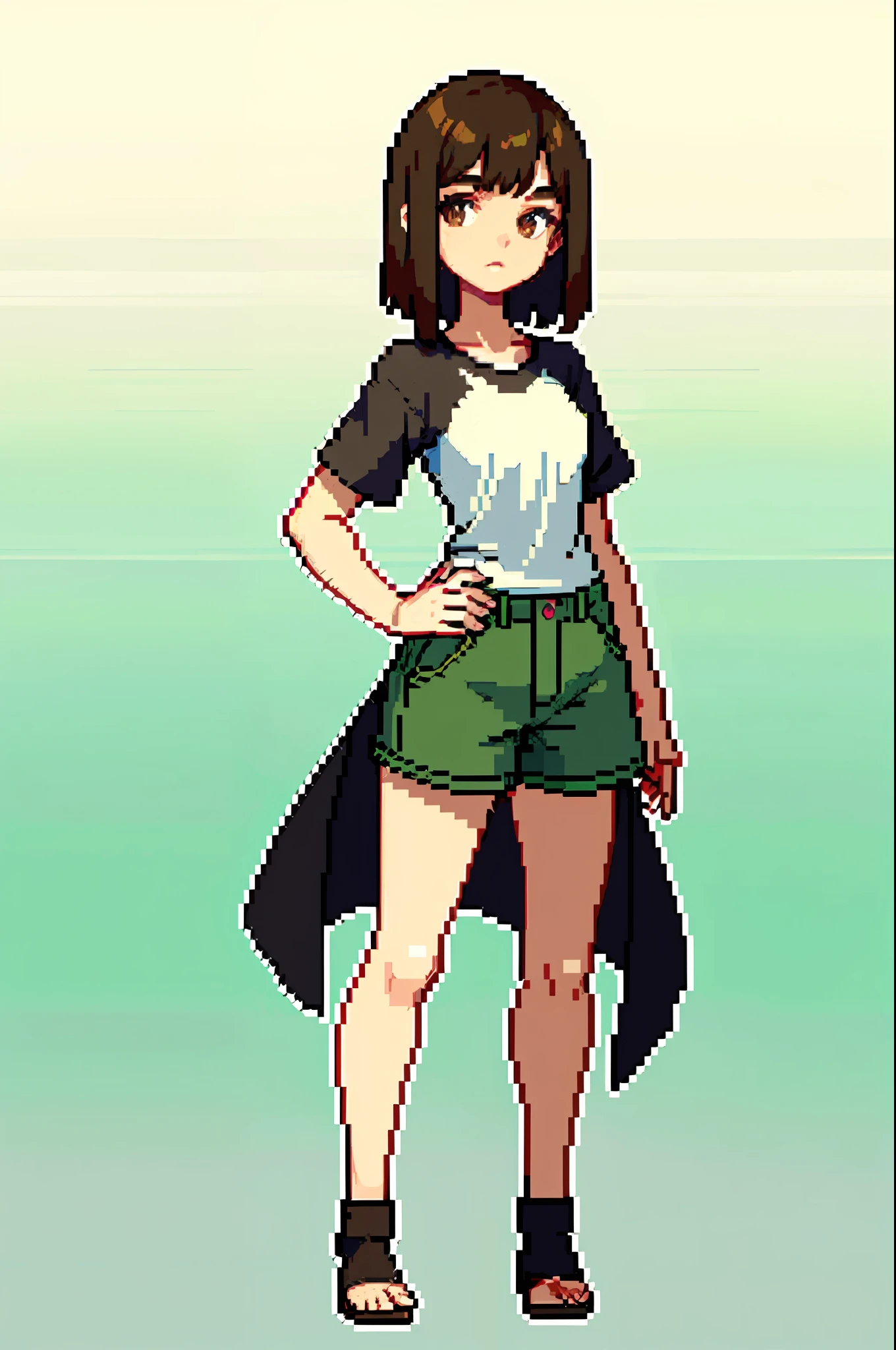 (Masterpiece, Top Quality, Best Quality), Pixel, Pixel Art, Full Body, A Lady Lady, Flat Chest, Brown Hair, White Pick Dye, Light Green Pick Dye, Brown Eyes, Black T-shirt, Gray Shorts, Sandals