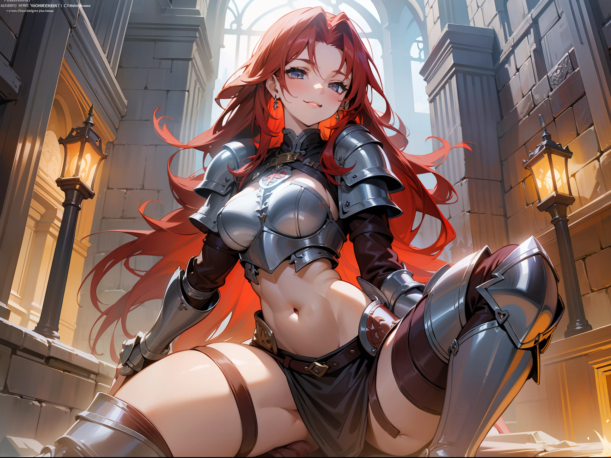 masterpiece, best quality, mature woman, strong, long red hair, light eyes, smiling, berserker, light leather armor, beautiful breasts, exposed thighs, exposed navel, boots, fantasy, medieval, outdoor, dungeon background, dynamic pose, beautiful detailed glow.