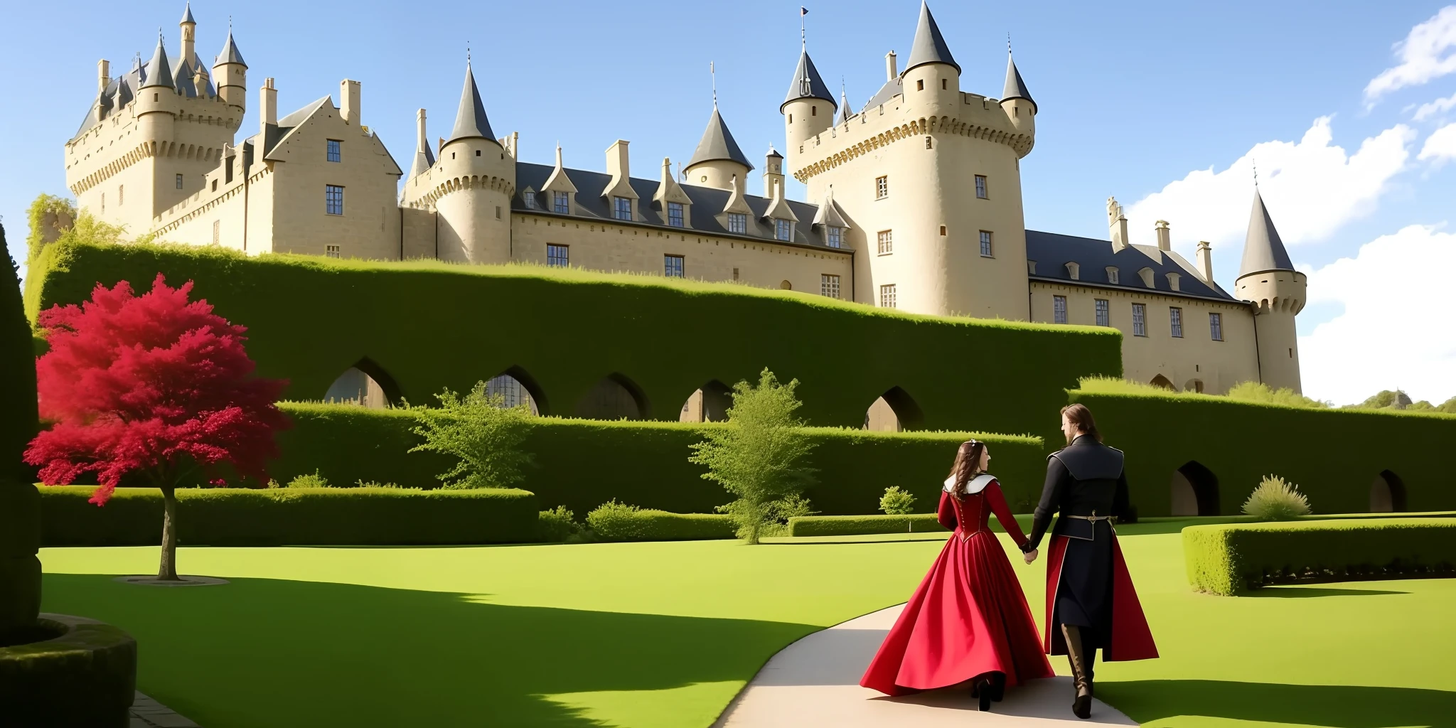A king and queen of medieval style in love with the castle in love