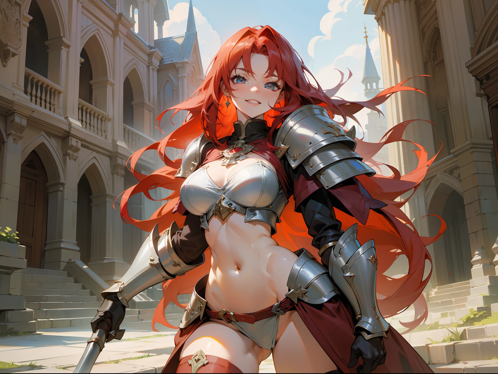 masterpiece, best quality, mature woman, strong, long red hair, light eyes, smile showing teeth, berserker, light leather armor, beautiful breasts, exposed thighs, exposed navel, boots, fantasy, medieval, outdoor, dungeon background, dynamic pose, beautiful detailed glow.