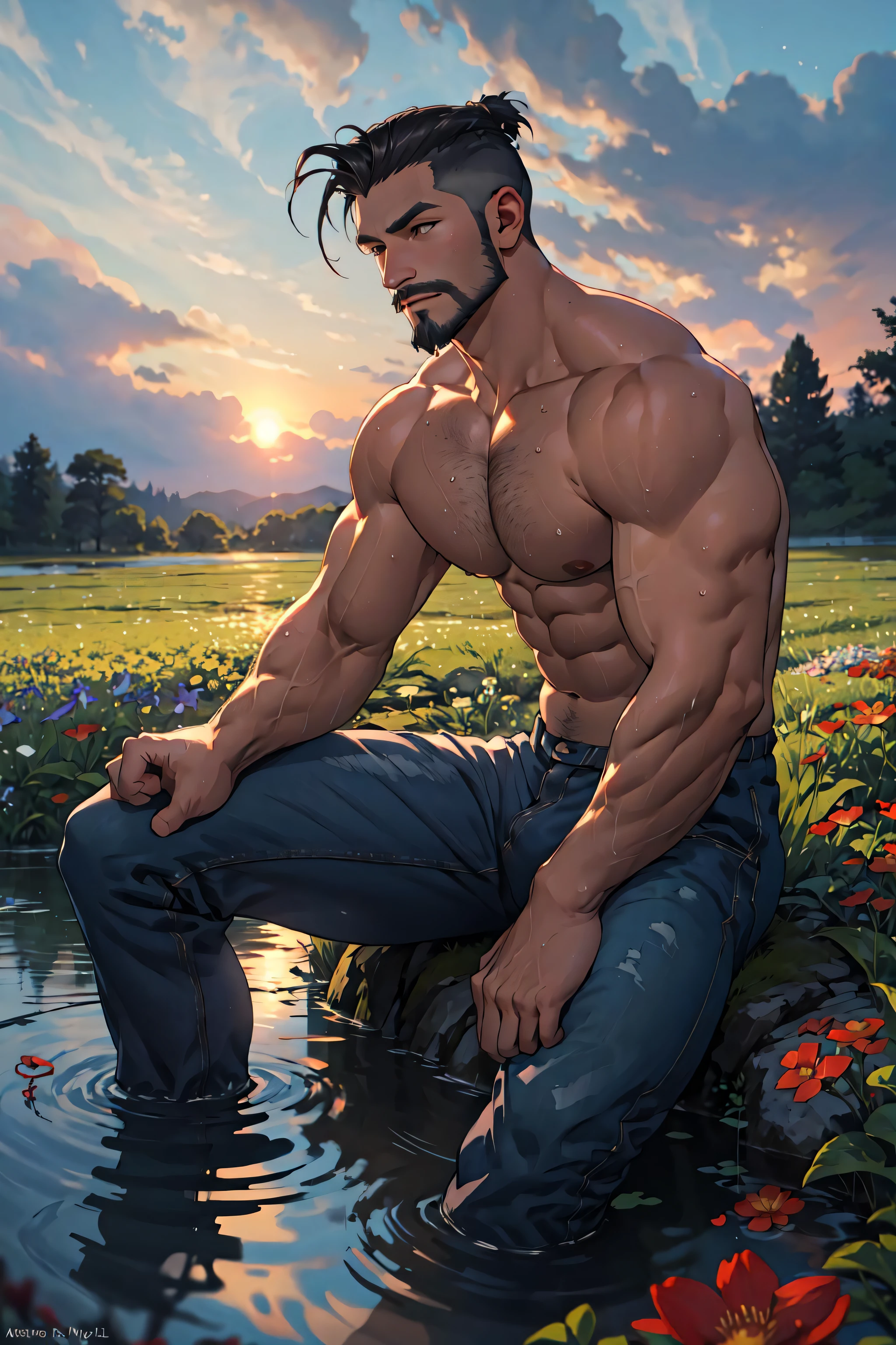 muscular, sitting, undercut, facial hair, flower field,water, depth of field,dusk sky