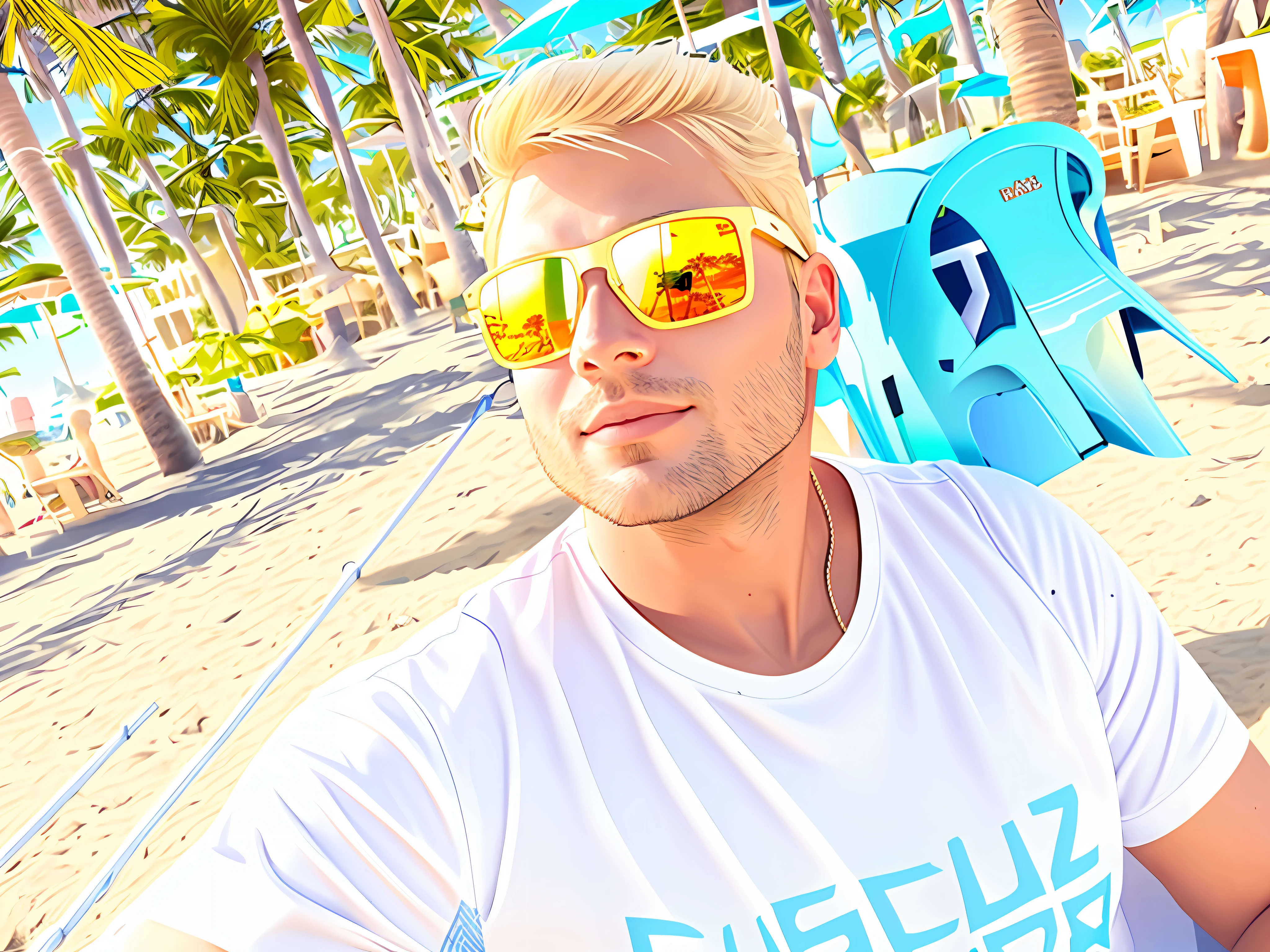 Blonde man with sunglasses sitting on a beach with palm trees, in the background beautiful women, use ray tracing and images in realistic drawing