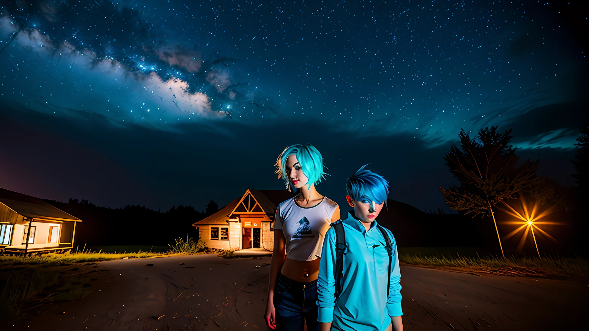Realistic girl with short blue hair in realistic night abandoned location with a white fox