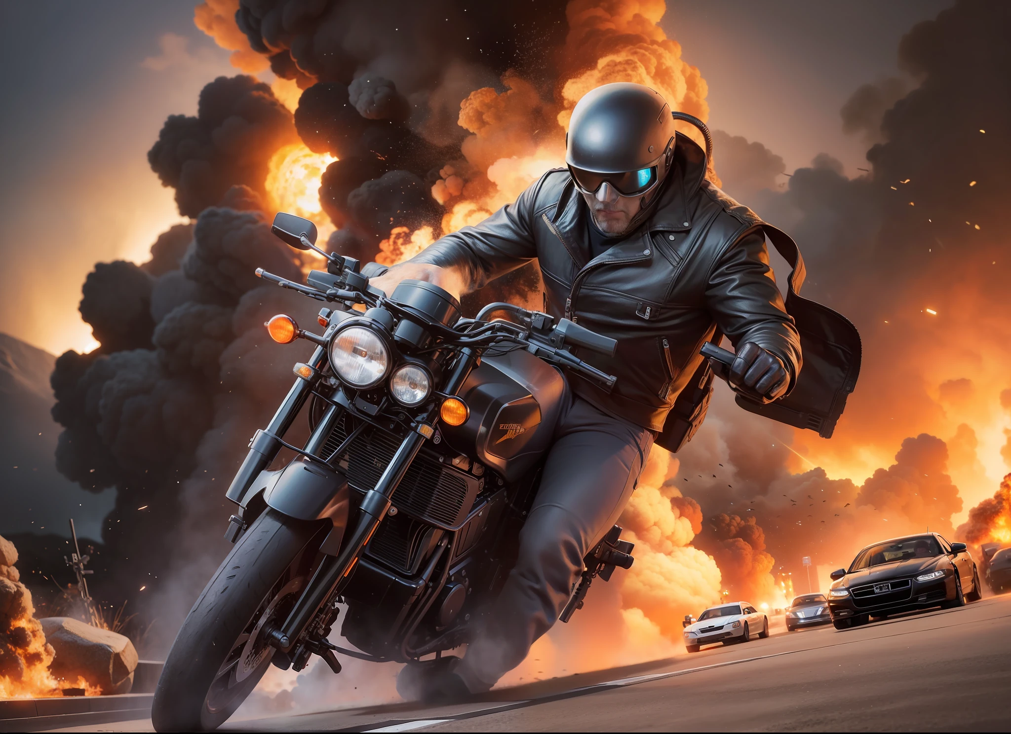 terminator movie poster, explosions, guns, cars, aviões