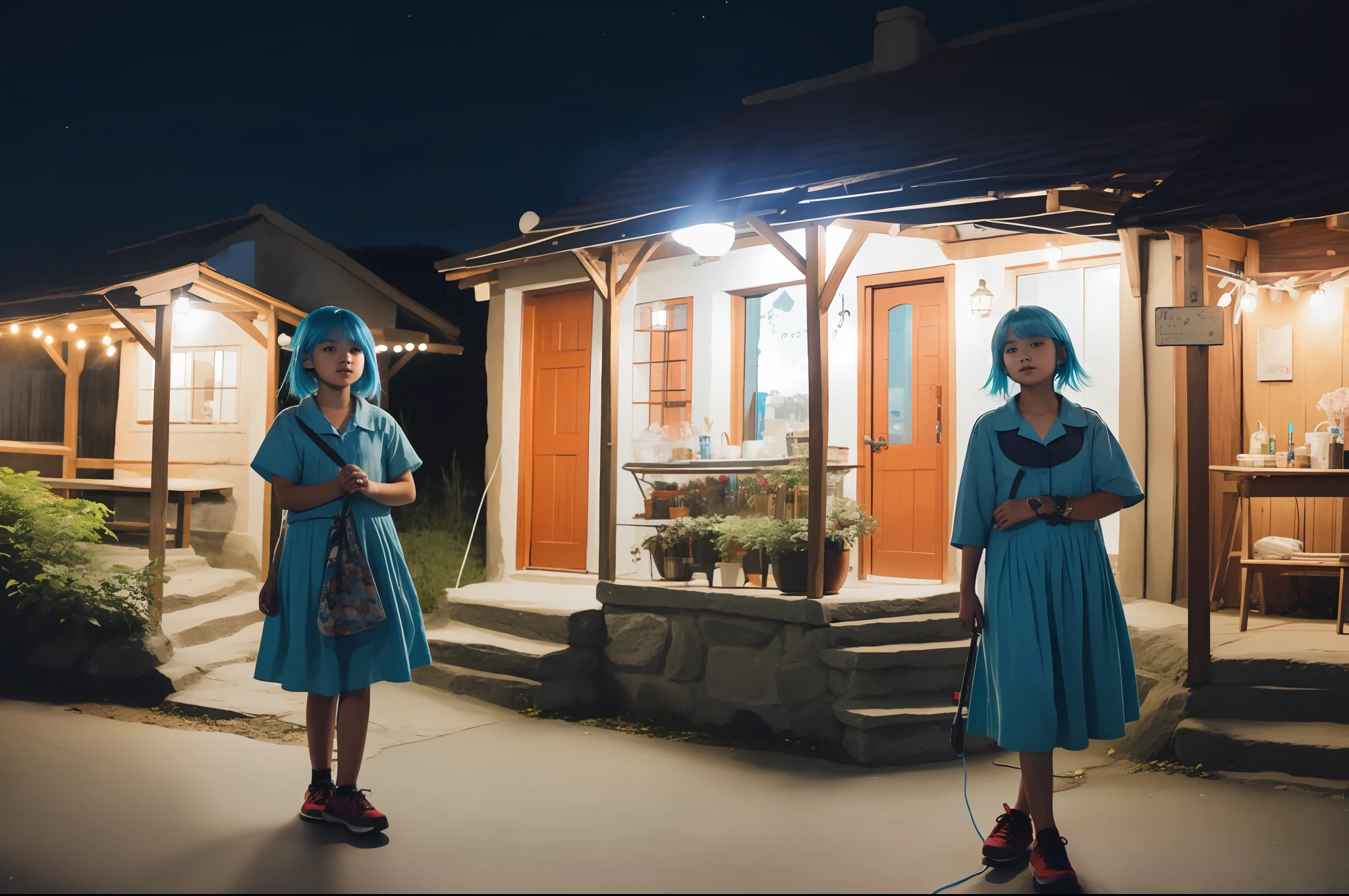 Medium blue haired girl in village lit up at night