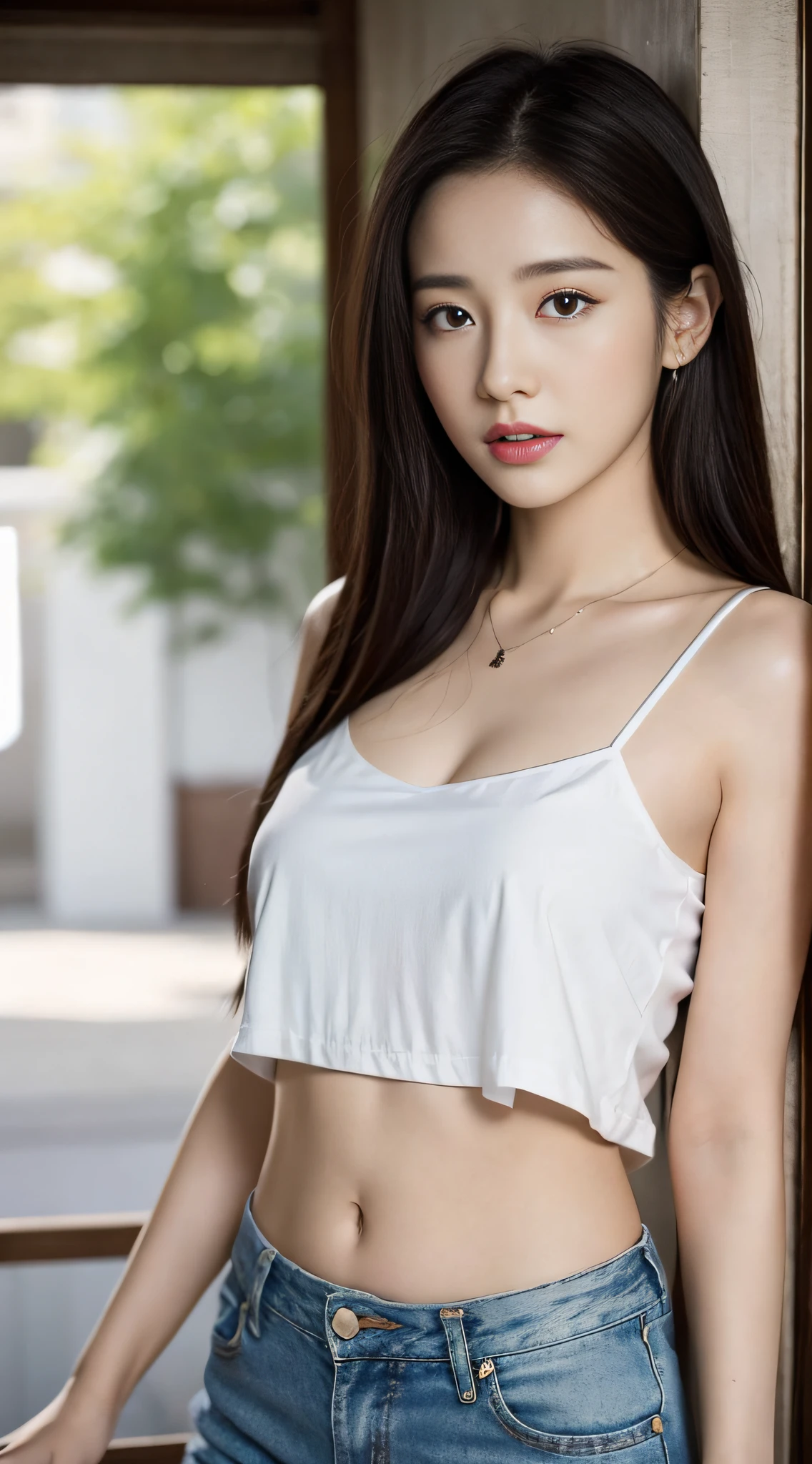 A woman in a white camisole and light jeans poses for a photo, a picture inspired by Ma Won-woo, tumblr, realism, dilraba dilmurat, beautiful korean woman, korean girl, cute korean actress, beautiful korean young woman, gorgeous korean young woman, young cute korean face, Kim young-hin, Nguyen Jia-beautiful! , Korean female fashion model