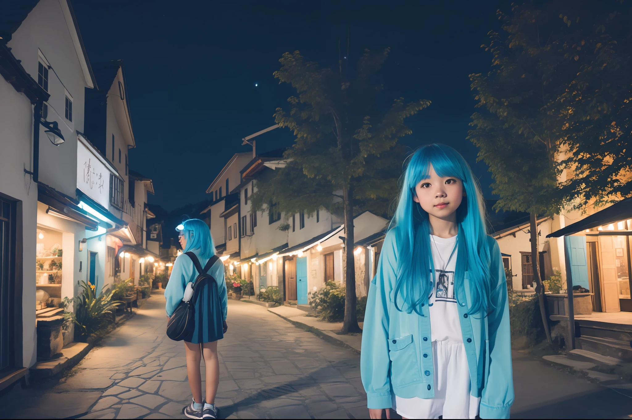 Medium blue haired girl in village lit up at night