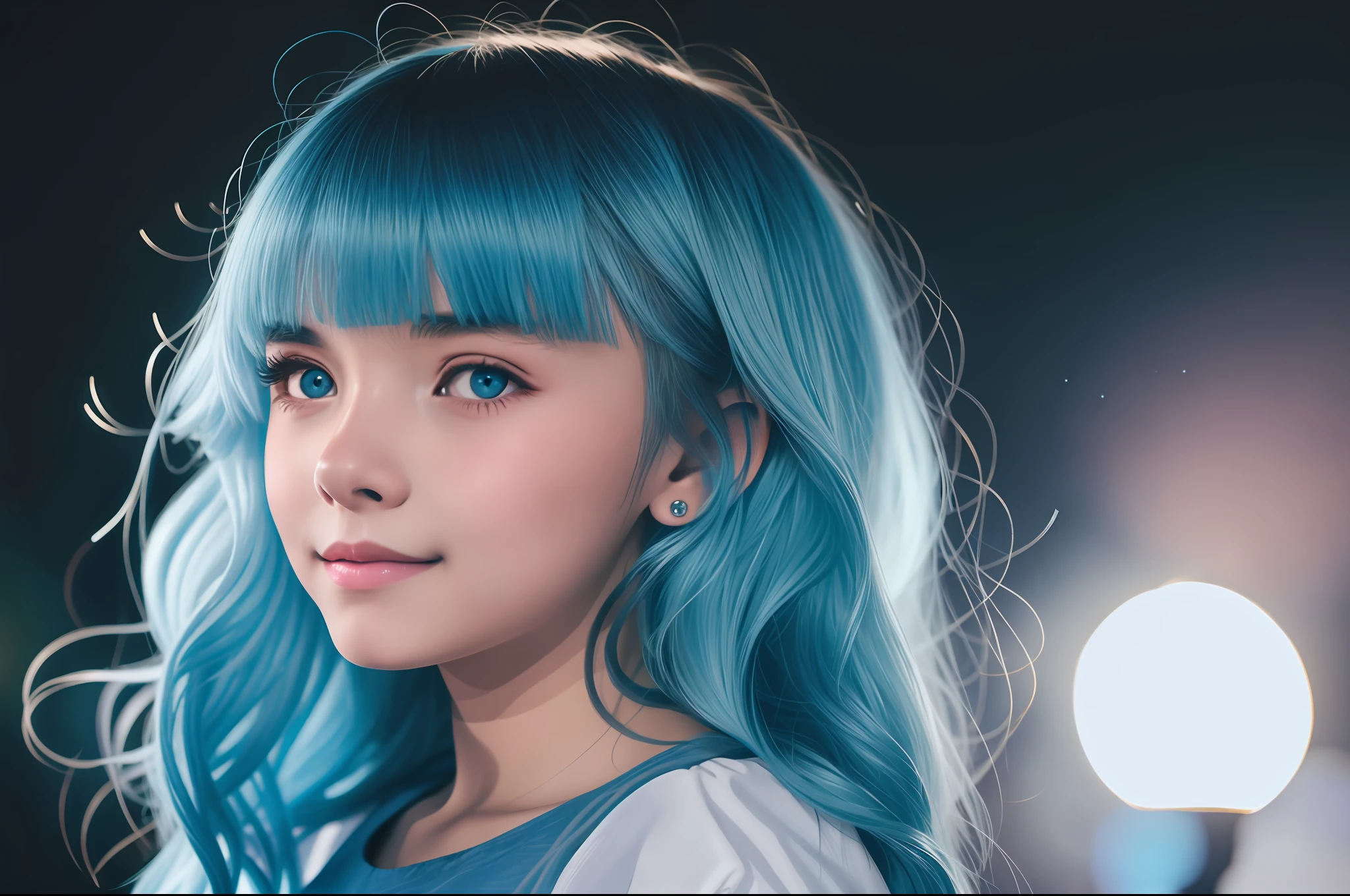 Medium blue haired girl in village lit up at night