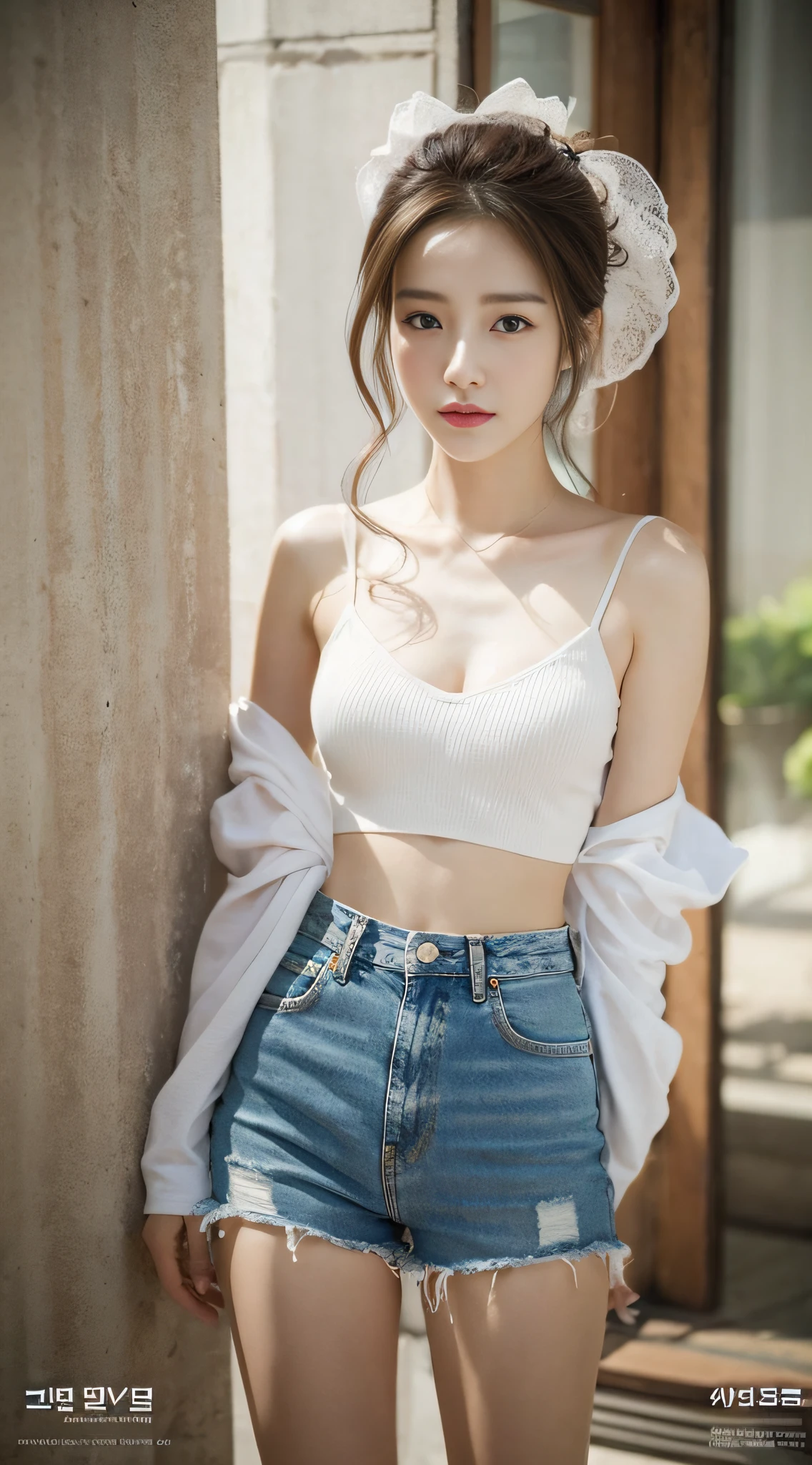 A woman in a white camisole and light jeans poses for a photo, a picture inspired by Ma Won-woo, tumblr, realism, dilraba dilmurat, beautiful korean woman, korean girl, cute korean actress, beautiful korean young woman, gorgeous korean young woman, young cute korean face, Kim young-hin, Nguyen Jia-beautiful! , Korean female fashion model