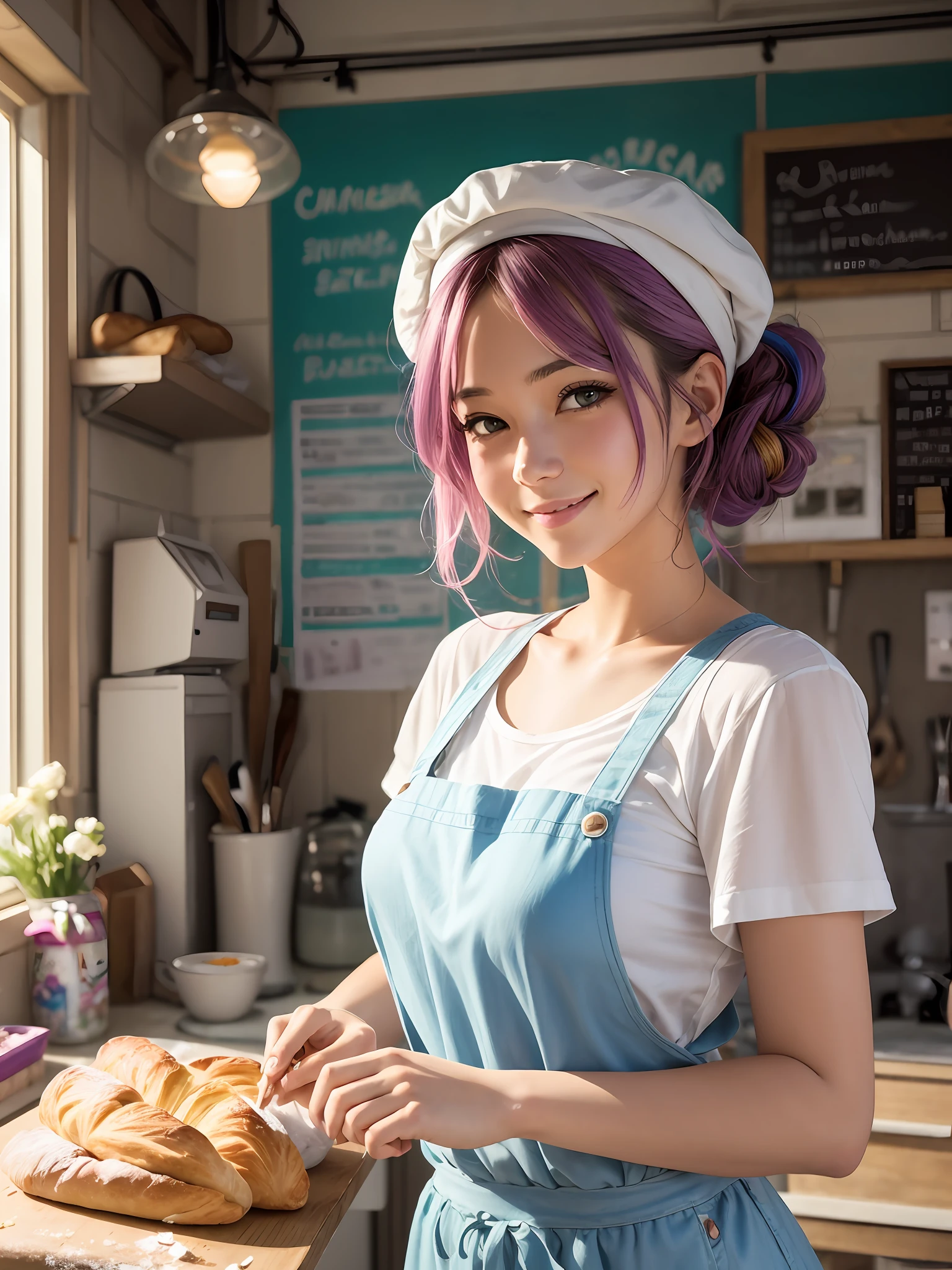 Closeup Beautiful 3D anime watercolorpainting of a beautiful summerpunk young woman as a baker, working relaxed in a old bakery, baking Croissant and bread and Baguette, summer chill day, smiling, summercore, wearing Summerpunk Outfit, by tim okamura, victor nizovtsev, greg rutkowski, noah bradley. trending on artstation, 8k, masterpiece, graffiti paint, fine detail, full of color, intricate detail, golden ratio illustration, --auto --s2