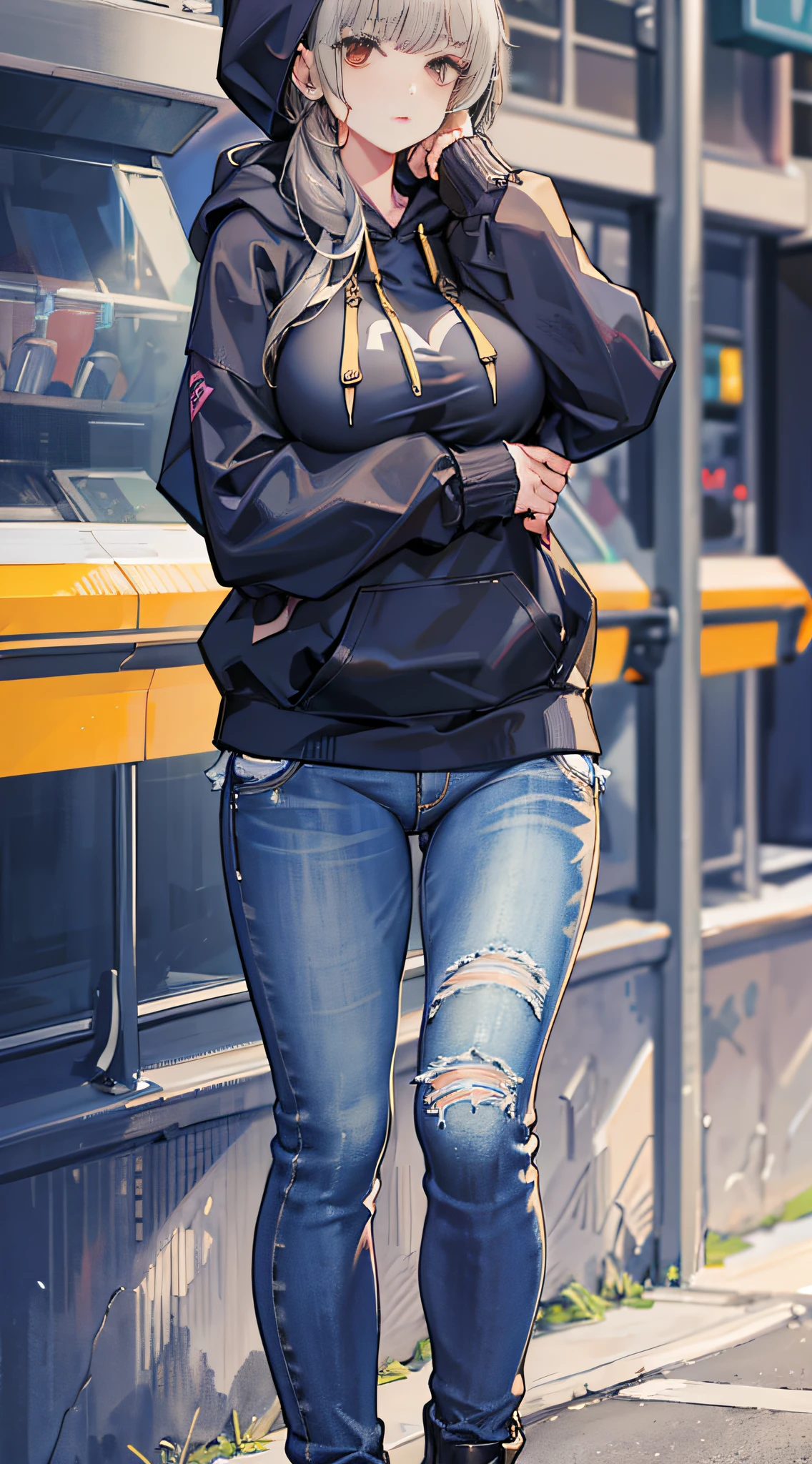1girl, (hoodie: 1.3), big breasts, outdoor, street, architecture, denim photos,