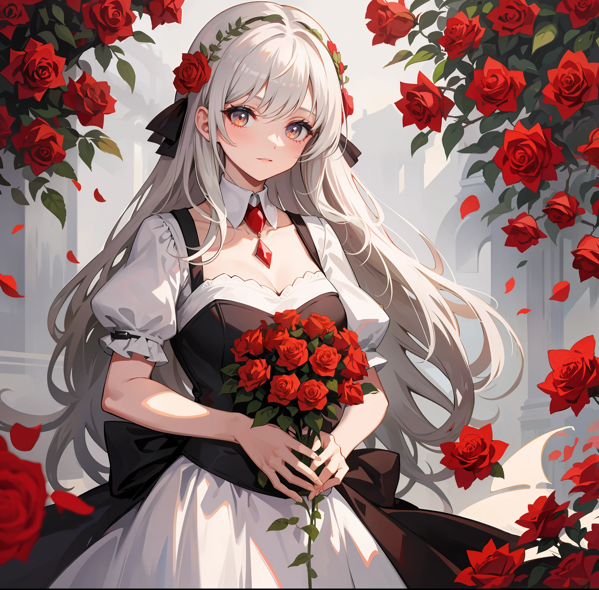 Anime girl with long white hair and black dress holding a bouquet of ...