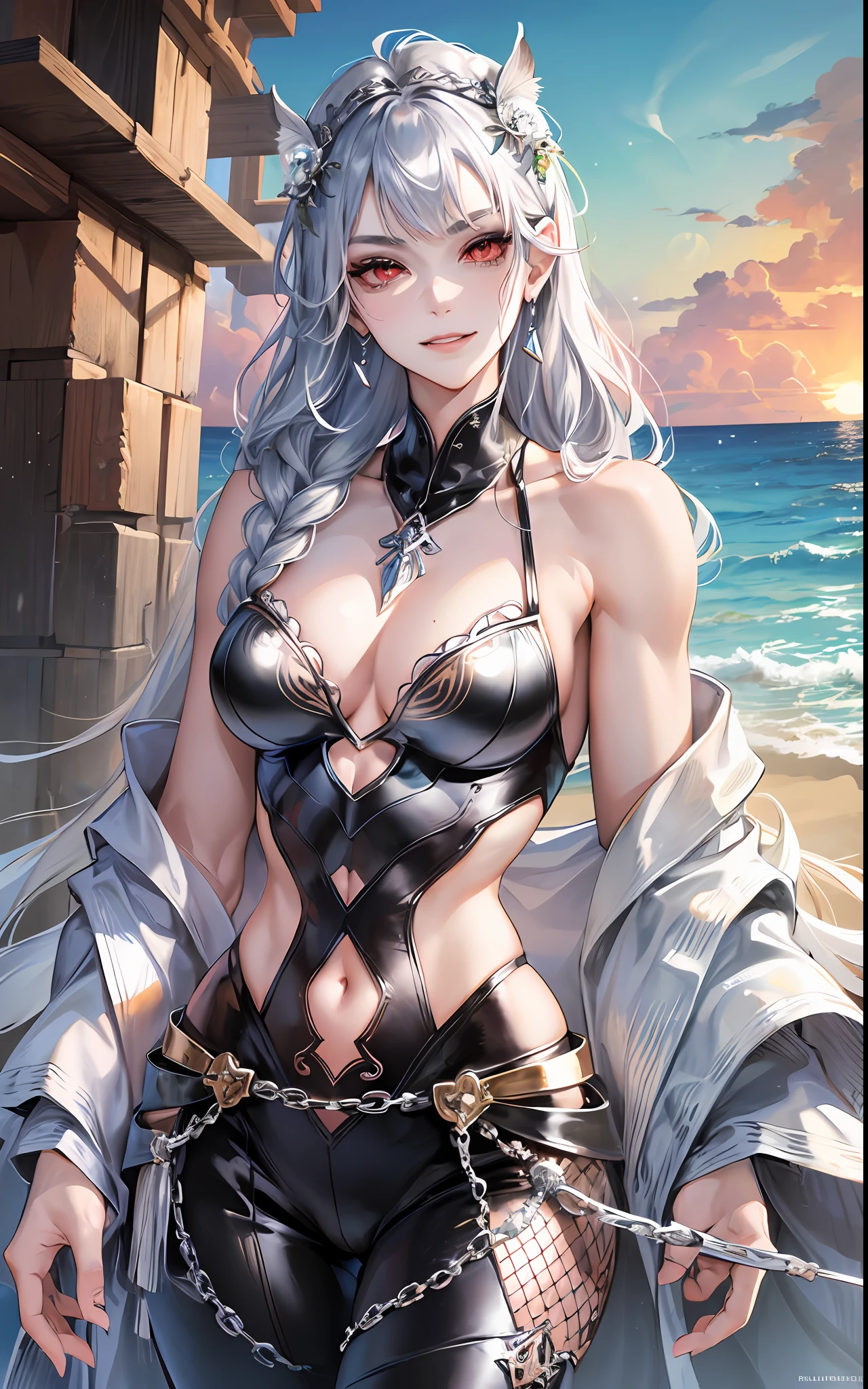 man, masculine, masculine face, attractive, muscular, ((1man)), masterpiece, absurdres, best quality ,intricate details , (shiny skin, shiny body, shiny oily luster skin, shiny hair, pale skintone), Sundown, attractive, ((muscular)), adult, one, medieval clothes, earrings, black pants, Don't look at the view , Not looking at the view, silver hair, braided hair, perfect detailed face, perfect detailed hands, mermaid fins, red eyes, mermaid ears, ((MLS)), smirk, medium large shoot, marine ornaments, beach in the background