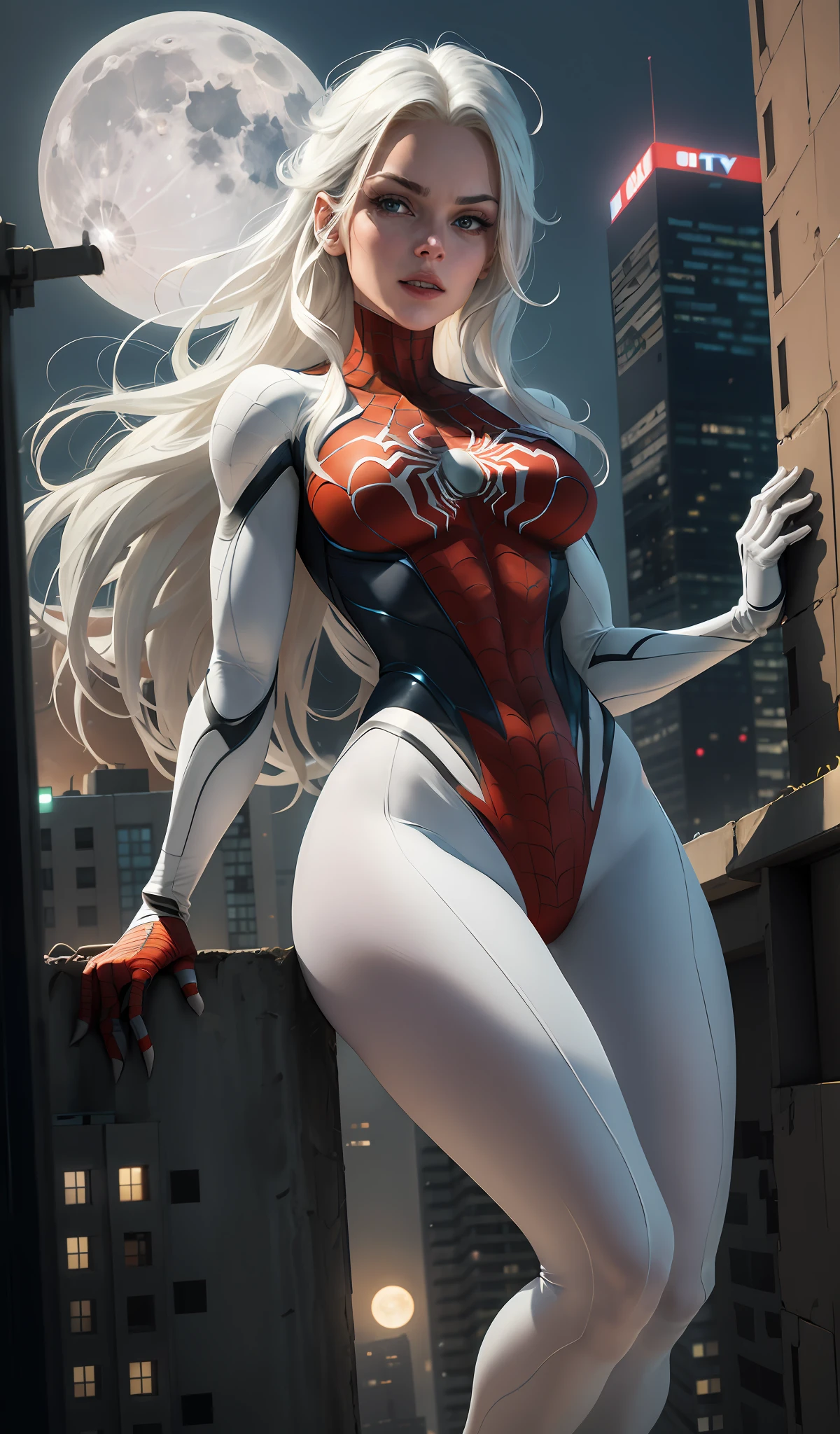 Milly Alcock (Masterpiece, 4k resolution, ultra-realistic, very detailed), (White superhero theme, charismatic, there's a girl at the top of town, wearing Spider-Man costume, she's a superhero), [ ((25 years), (long white hair:1.2), full body, (blue eyes:1.2), ((Spider-Man pose),show of strength, jump from one building to another), ((sandy urban environment):0.8)| (cityscape, at night, dynamic lights), (full moon))] # Explanation: The Prompt mainly describes a 4K painting of ultra-high definition, very realistic, very detailed. It shows a superheroine at the top of the city, wearing a Spider-Man costume. The theme in the painting is a white superhero theme, the female protagonist has long white hair, is 25 years old and her entire body is shown in the painting. In terms of portraying the actions of superheroines, spiders are employed