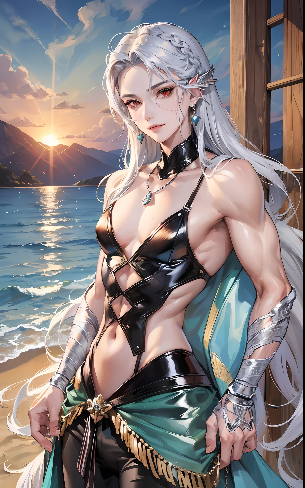 man, masculine, masculine face, attractive, muscular, ((1man)), masterpiece, absurdres, best quality ,intricate details , (shiny skin, shiny body, shiny oily luster skin, shiny hair, pale skintone), Sundown, attractive, ((muscular)), adult, one, medieval clothes, earrings, black pants, Don't look at the view , Not looking at the view, silver hair, braided hair, perfect detailed face, perfect detailed hands, mermaid fins, red eyes, mermaid ears, ((MLS)), smirk, medium large shoot, marine ornaments, beach in the background