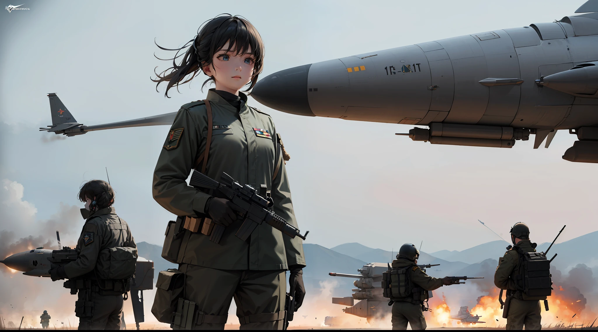 Realistic Detail,War Scenes,(Science Fiction : 1.5),Sci-fi,Republic Military Uniforms,War,Bomb,Grasslands,Air Warfare,Sky,Air Operations,Fighter Aircraft,Ballistic Missiles,(Combat in War:1.3)