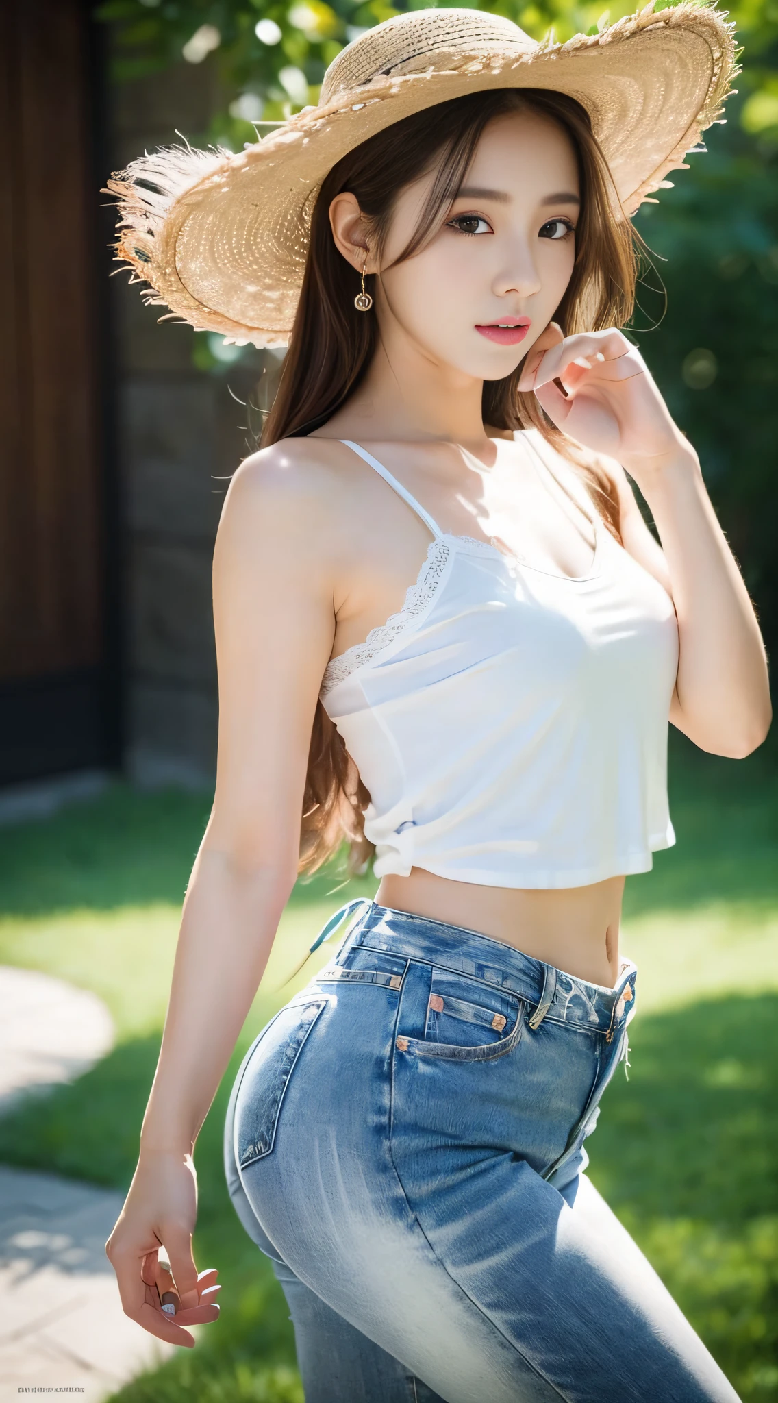 A woman in a white camisole and light jeans poses for a photo, a picture inspired by Ma Won-woo, tumblr, realism, dilraba dilmurat, beautiful korean woman, korean girl, cute korean actress, beautiful korean young woman, gorgeous korean young woman, young cute korean face, Kim young-hin, Nguyen Jia-beautiful! , Korean female fashion model