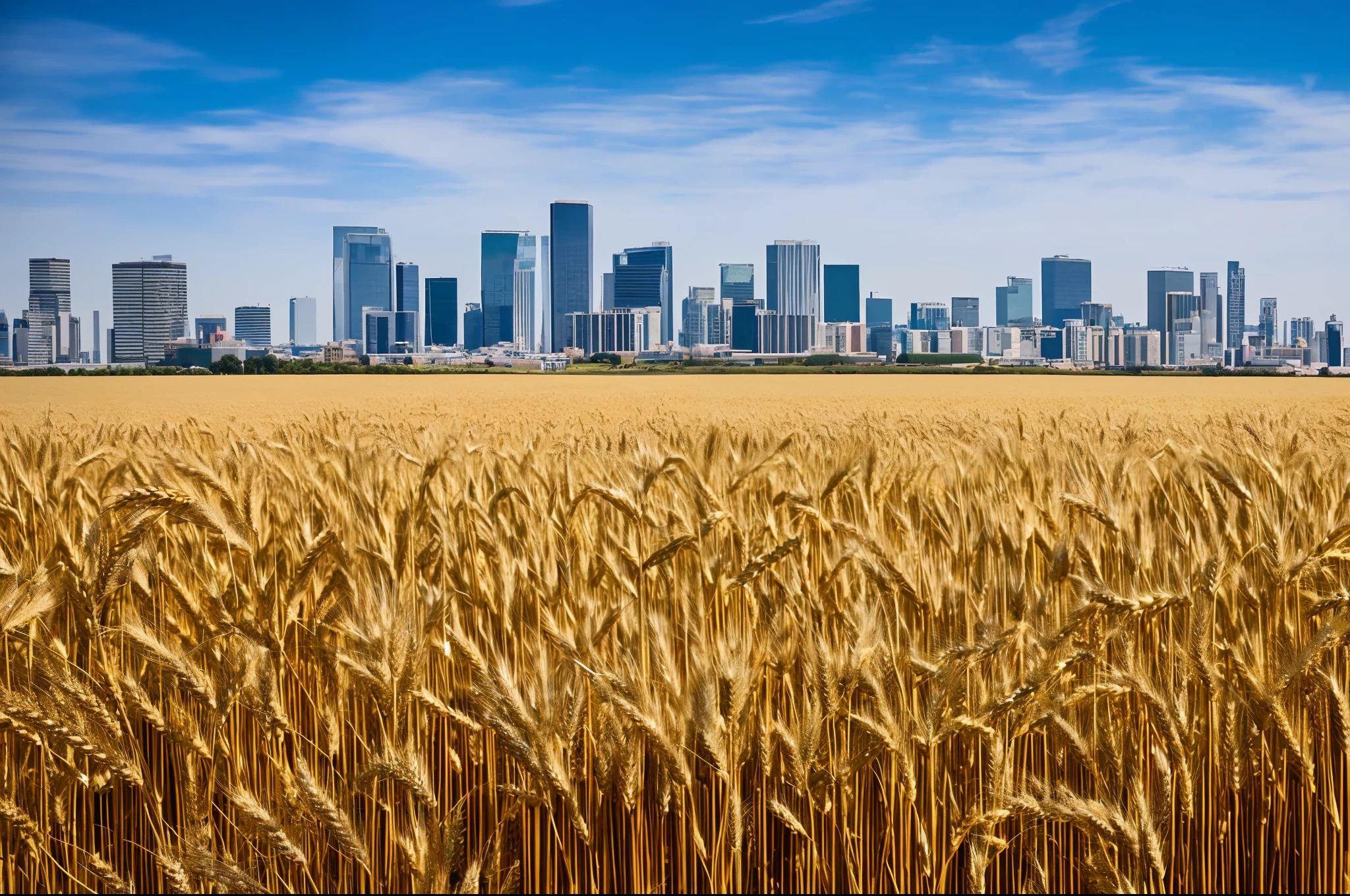 Mature wheat fields, in the background big city and large commercial buildings