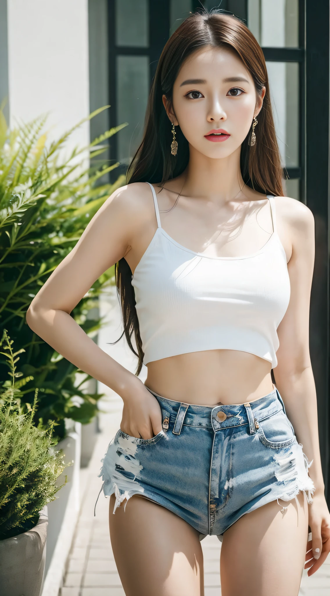Eine Frau in einem weiBen Oberteil und Jeans Shorts posiert fur ein Foto SeaArt AI