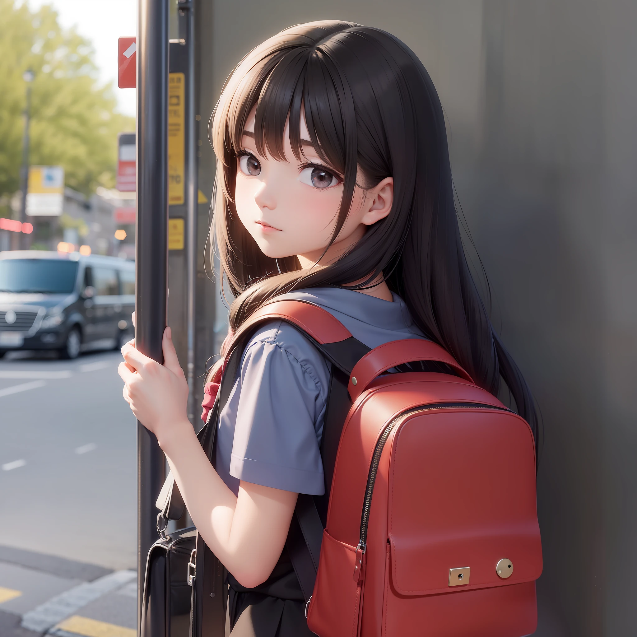 A long-haired girl with black eyes carrying a school bag stood sideways at the bus stop