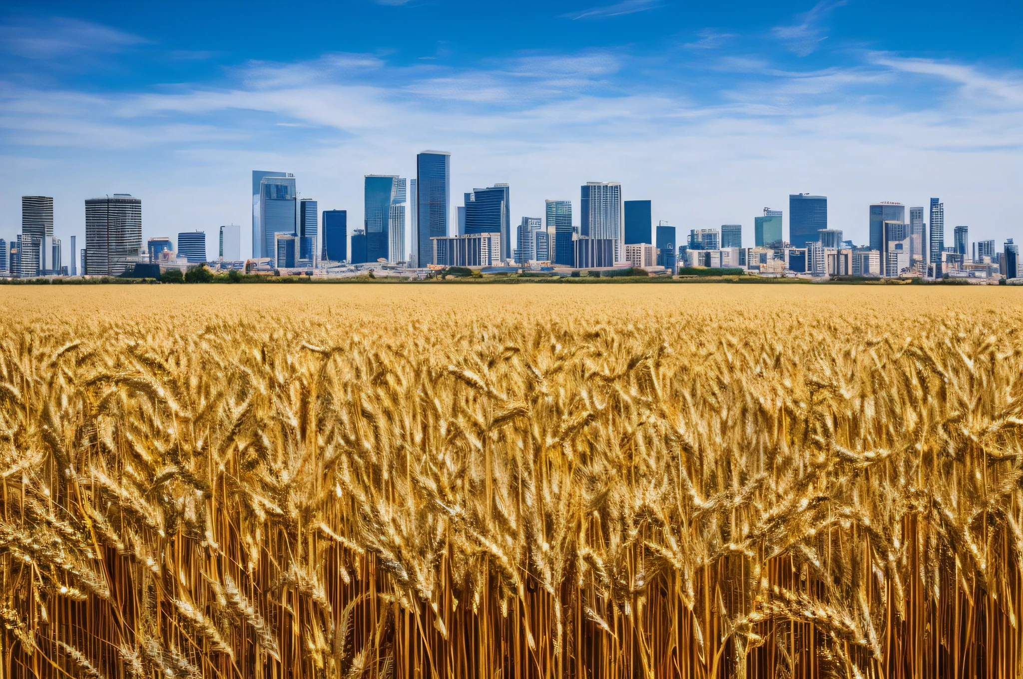 Mature wheat fields, in the background big city and large commercial buildings