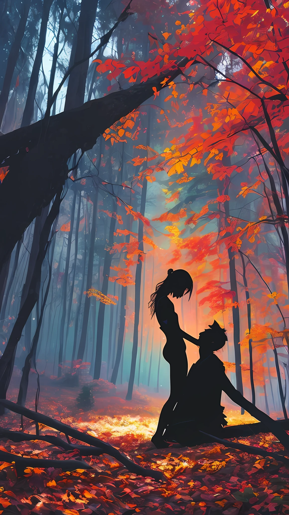 Abstract art of a shadow demon seducing an innocent young woman in a forest