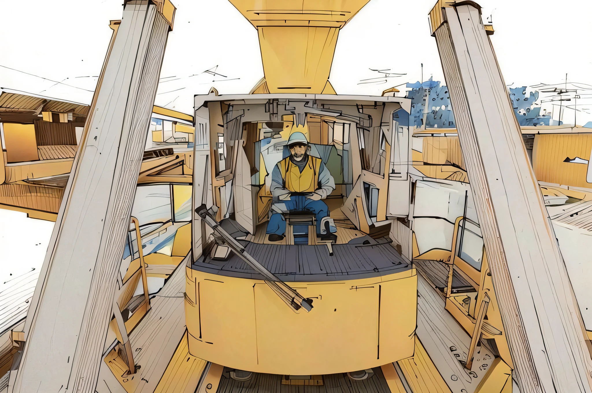 linear, gray, white background, simple background,sketch, sketch,pen_sketch_style,,There is a large yellow bulldozer with a red roof sitting in the crane, look at the details, attractive, with people inside piloting it, POV photo, cool looking, portrait of a large one, hydraulic features, 3 4 5 3 1, 4 0 9 6, eye level view, it is very huge, Very beautiful, crane shot, front shot