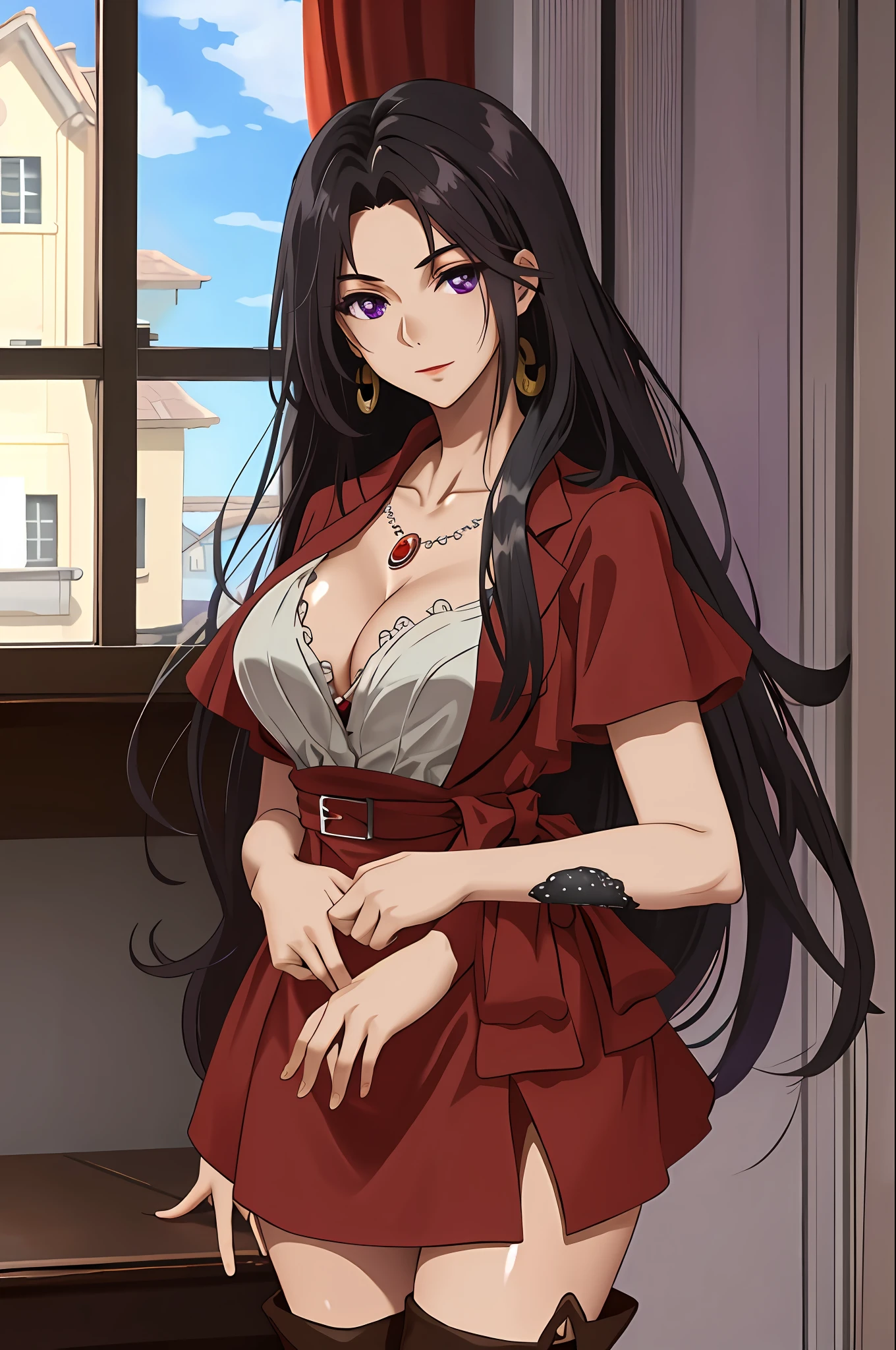 masterpiece, best quality, highres, 1girl, black hair, long hair, purple eyes, necklace, earrings, thighhighs, red dress, cleavage, cowboy shot, standing near the window,