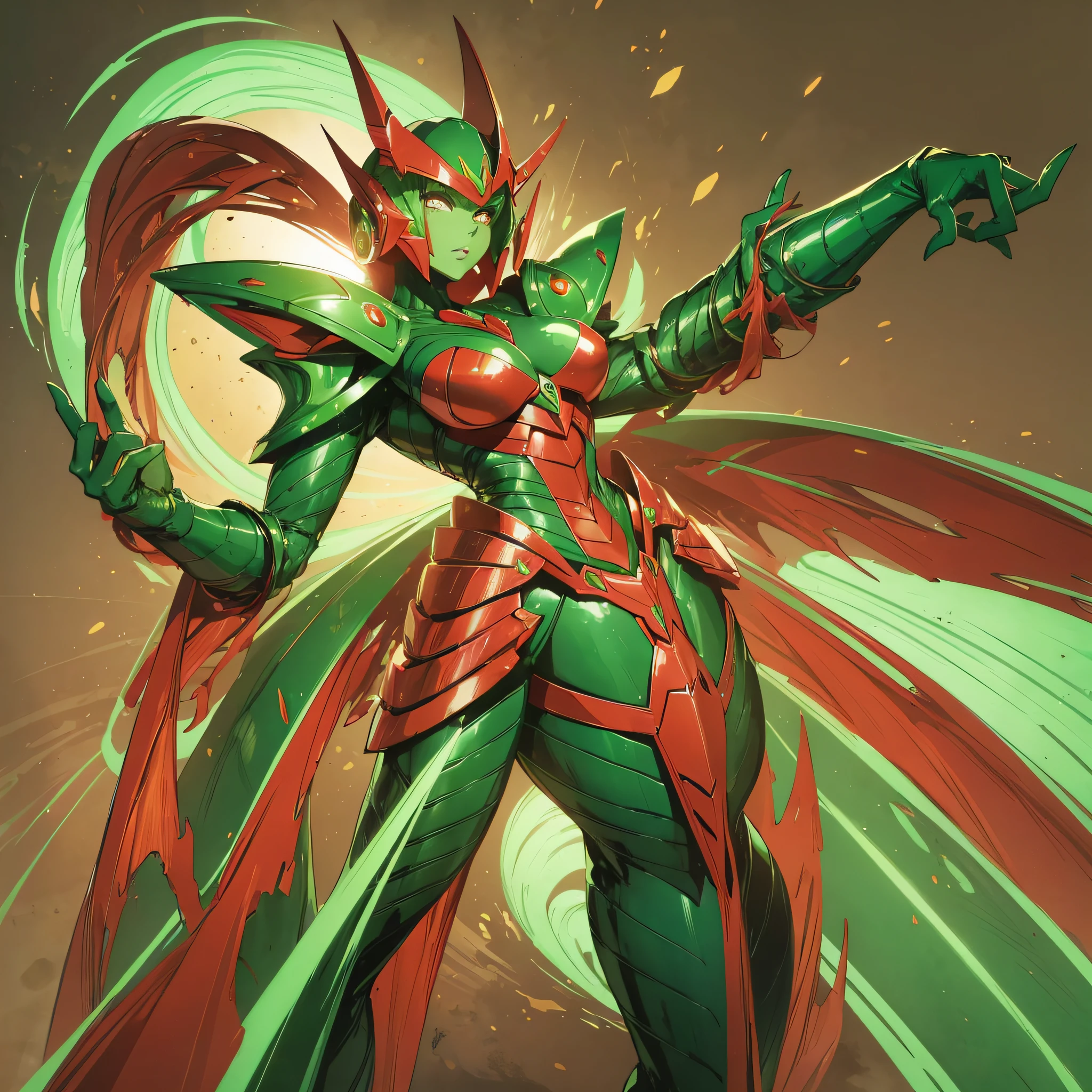 Cartoon photo of woman in green and red costume, hot insect humanoid woman, Guyver style, SFW version, scaraber reploid, cel shade adult animation, alien queen, serpentine pose, --auto --s2