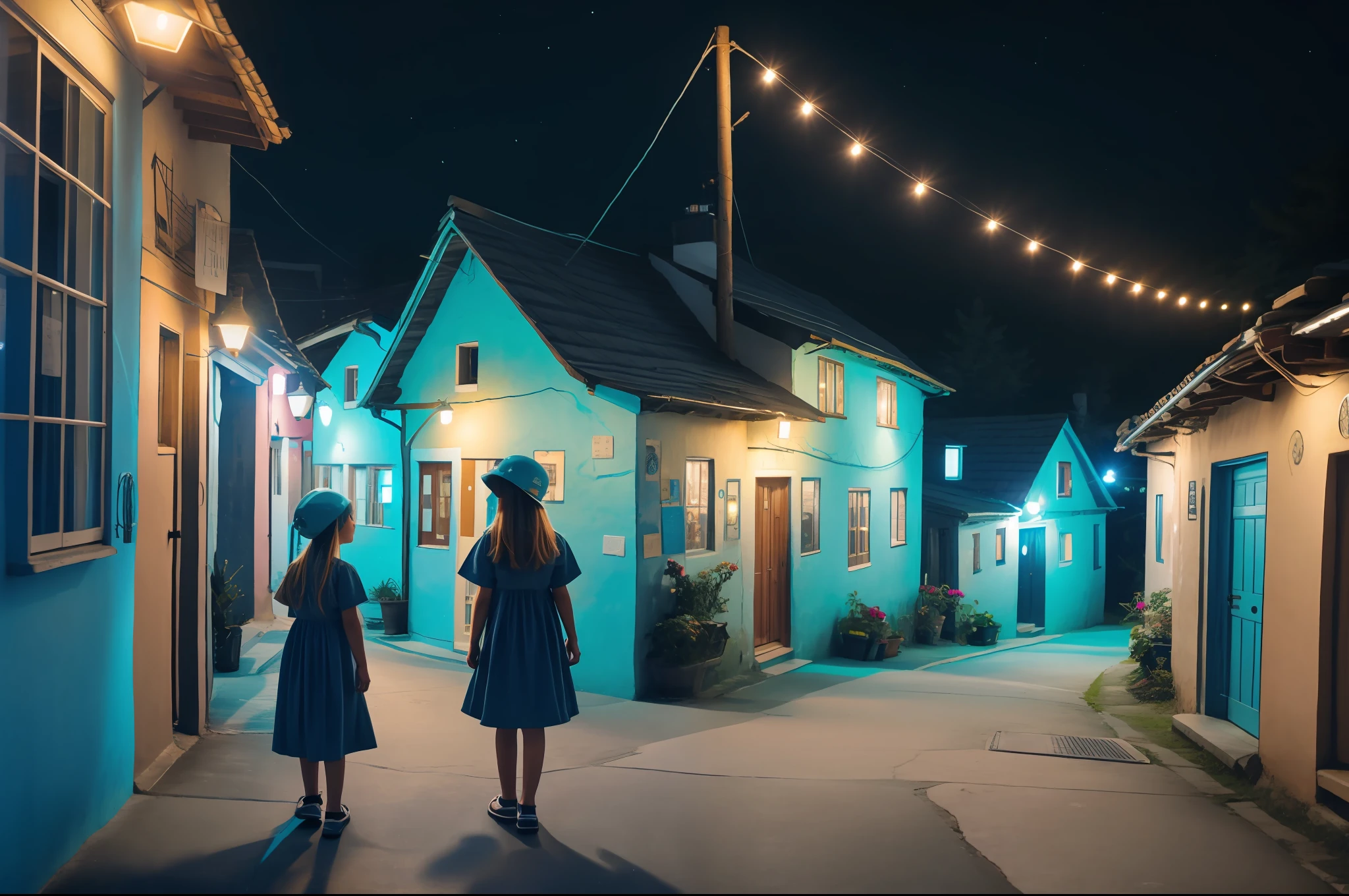 Medium blue haired girl in village lit up at night