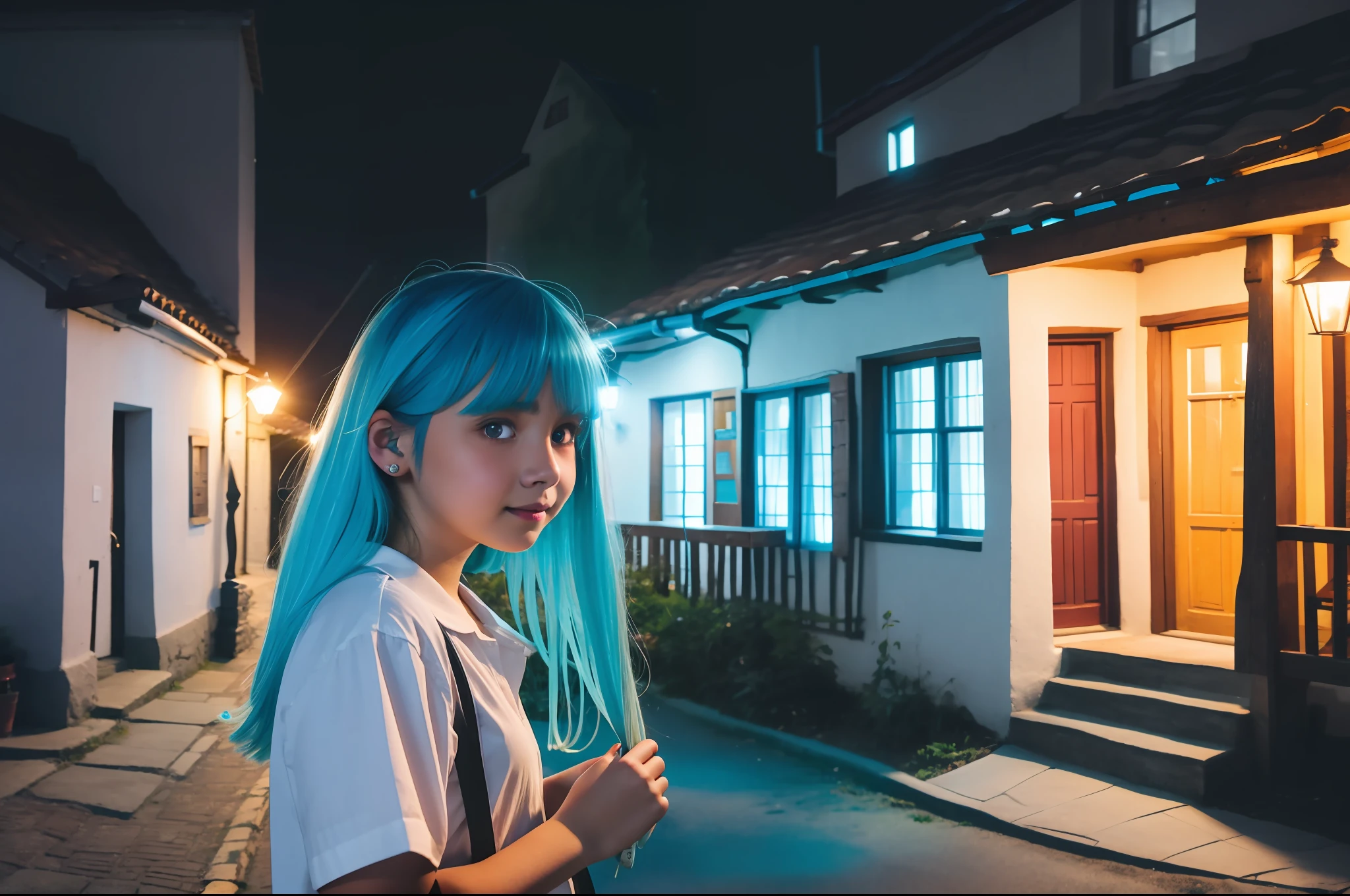 Medium blue haired girl in village lit up at night