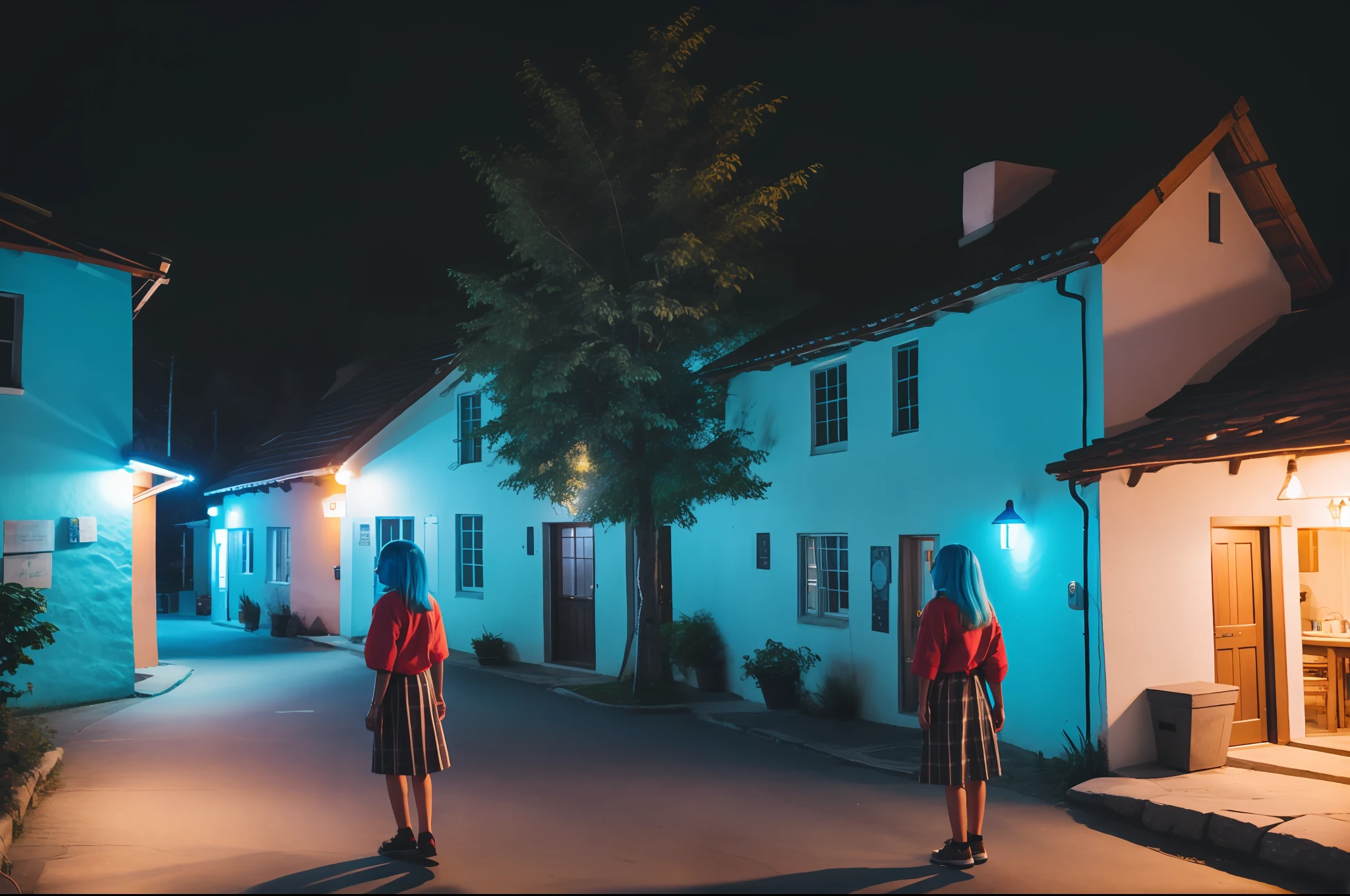 Medium blue haired girl in village lit up at night