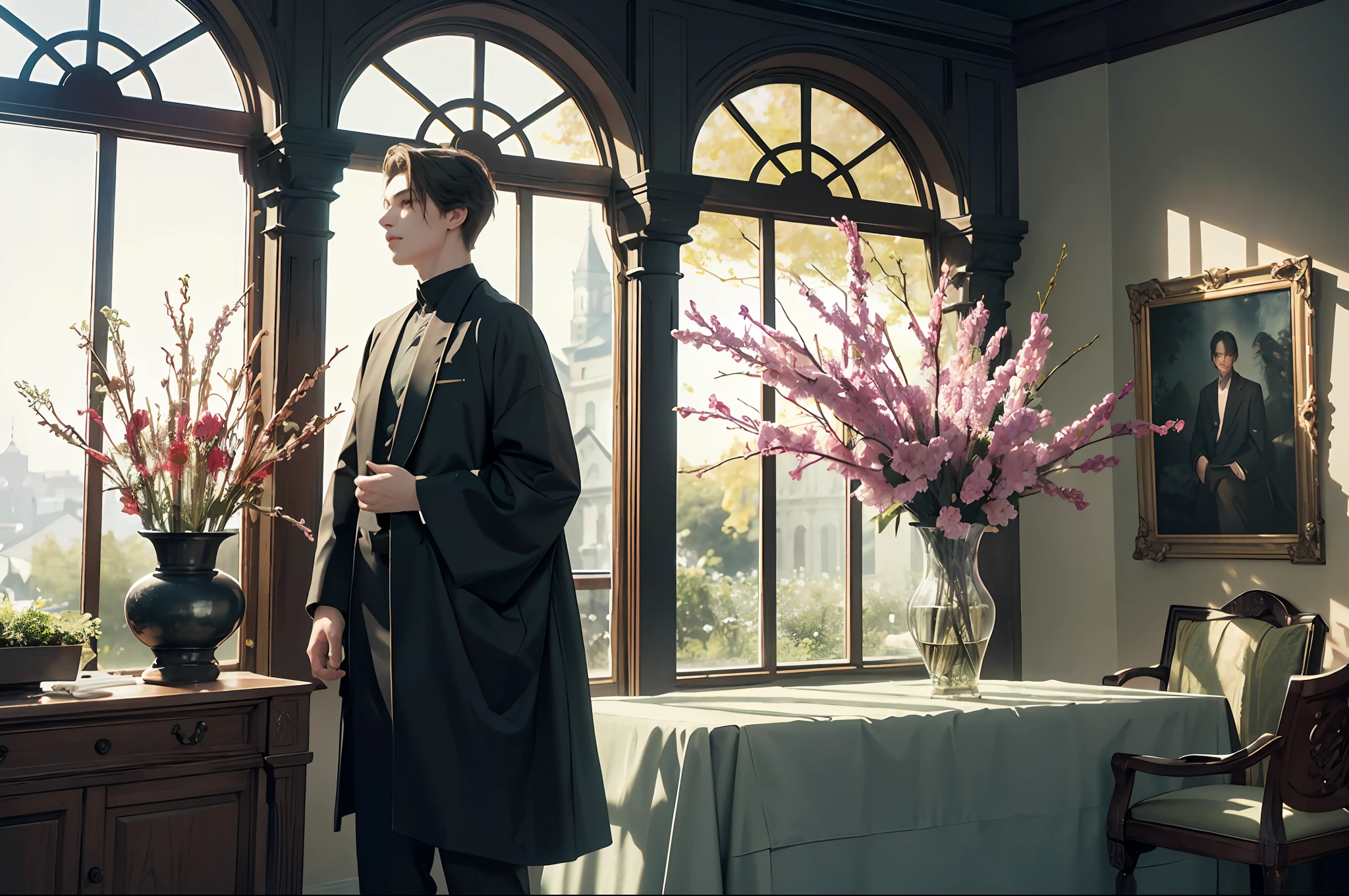 vivid illumination, enchanting elegance, atmospheric depth, masterful technique, naturalistic representations, harmonious composition, creative refinement, striking juxtapositions,
1boy,solo,atmospheric clothing,
university,
indoor,
Patience,
garden, blossoms, peaceful,
