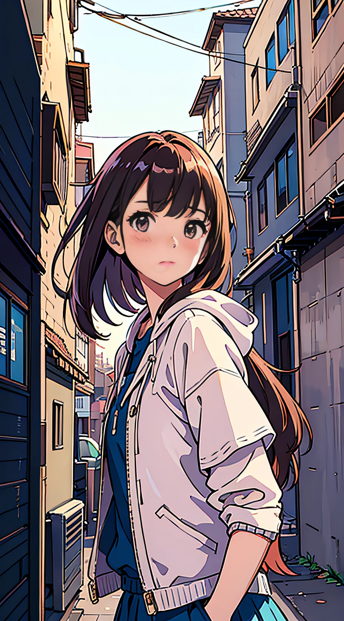 (beautiful and clear background),(street,wall,corner,),1girl, ,fashion,,hand in pocket ,,blush,pose,floating hair,looking to the side,, dutch angle,