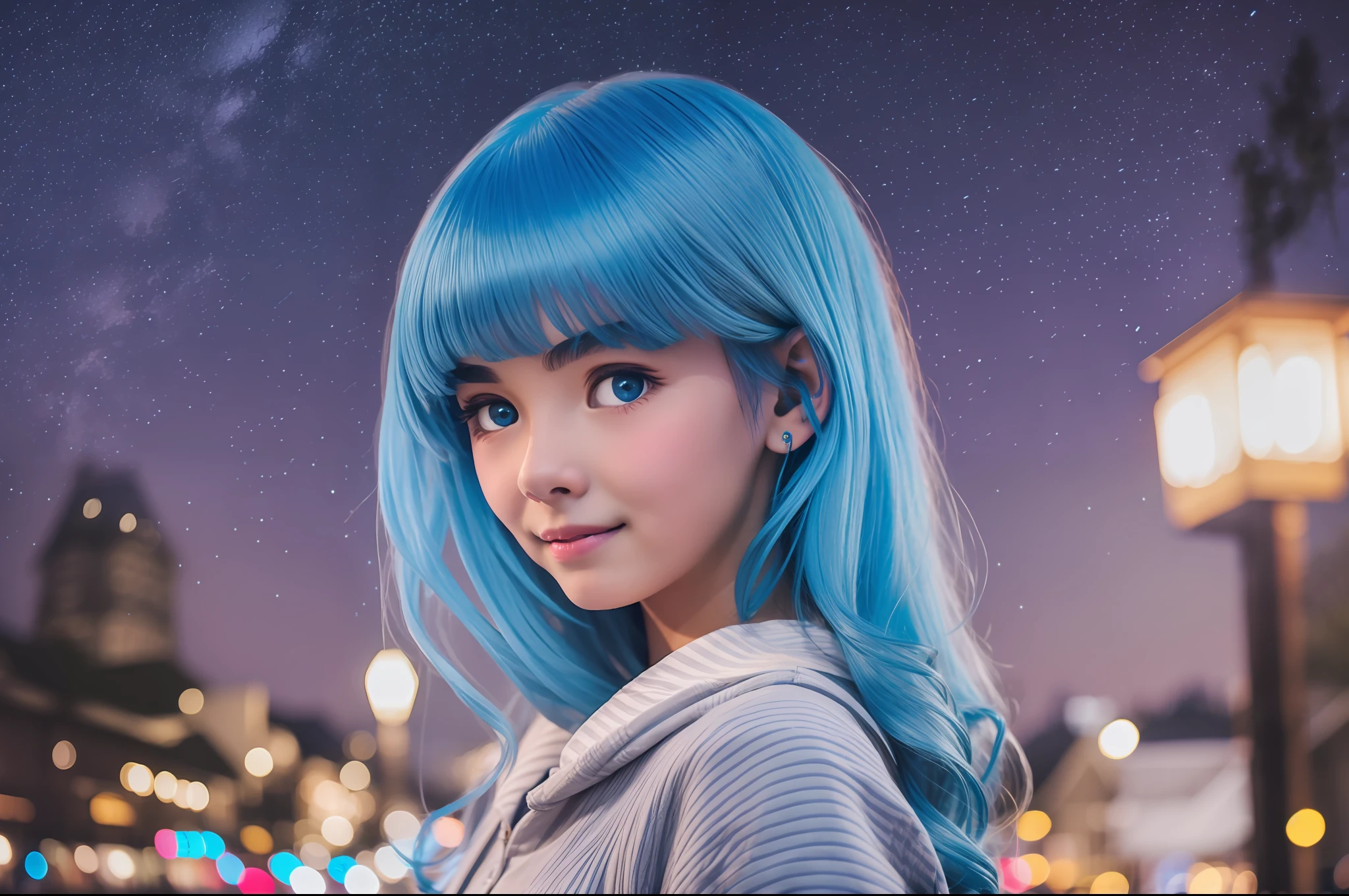 Medium blue haired girl in village lit up at night