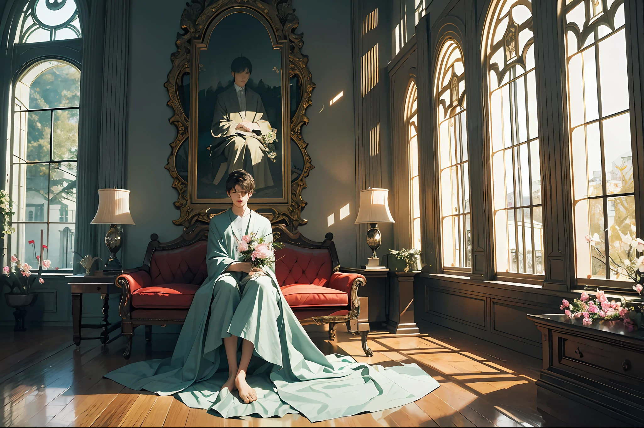 vivid illumination, enchanting elegance, atmospheric depth, masterful technique, naturalistic representations, harmonious composition, creative refinement, striking juxtapositions,
1boy,solo,atmospheric clothing,
university,
indoor,
Patience,
garden, blossoms, peaceful,