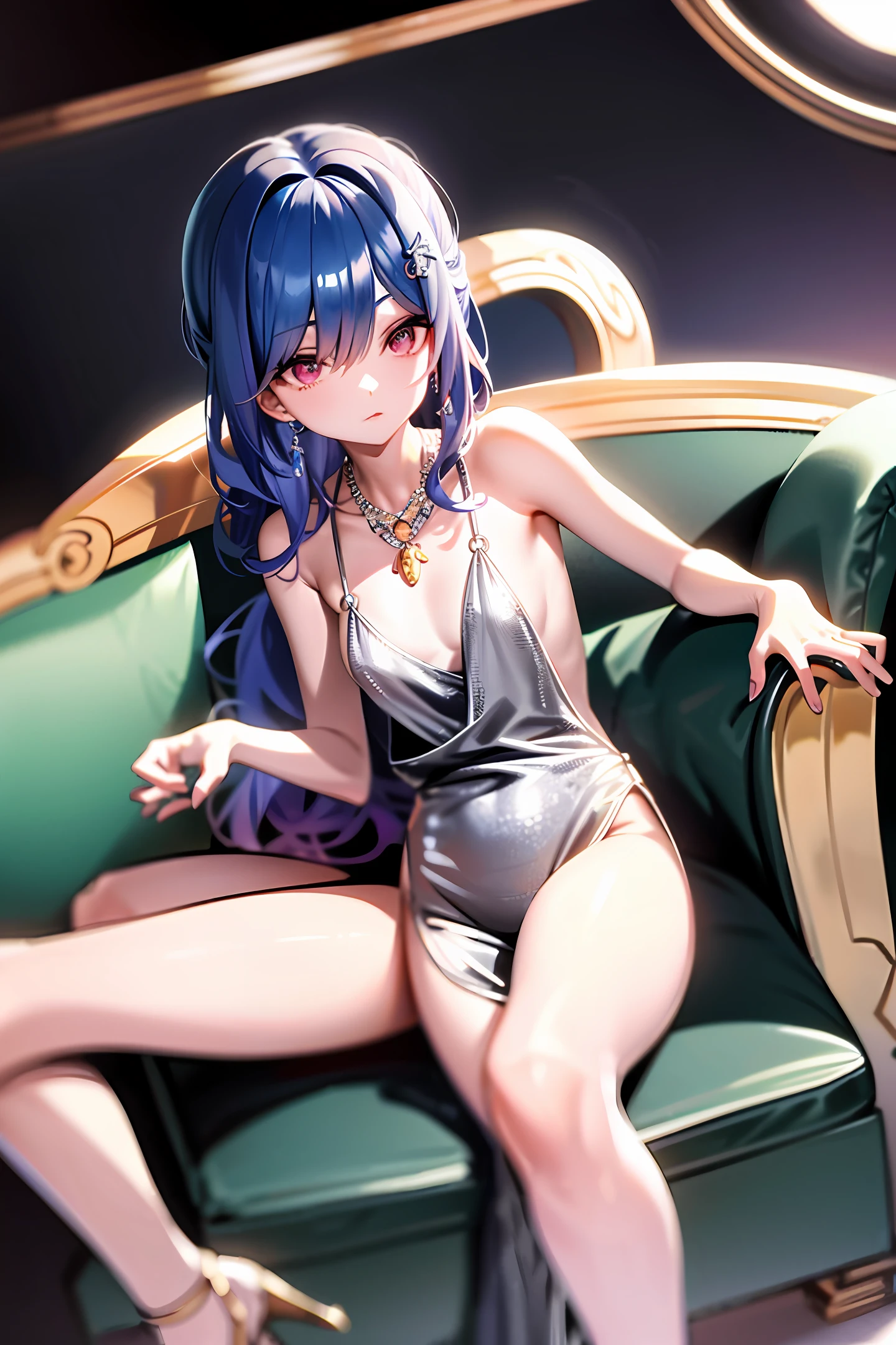 On the sofa, loli's figure, small face, a pair of purple eyes touching, light blue hair lightly on the shoulders, the Rosen overalls on the body are loose to expose the shoulders, its ring pendant has the retro style of the last century, but more inclined to the American indigenous ring earrings, the west has the last figure of the ancient civilization, slender arms are supported on the sofa, the ring on the hand is a symbol of the ocean, bright, delicate and gorgeous, the legs are smooth as clear water, the king's foot is lightly lifted, and it can't reach the floor,