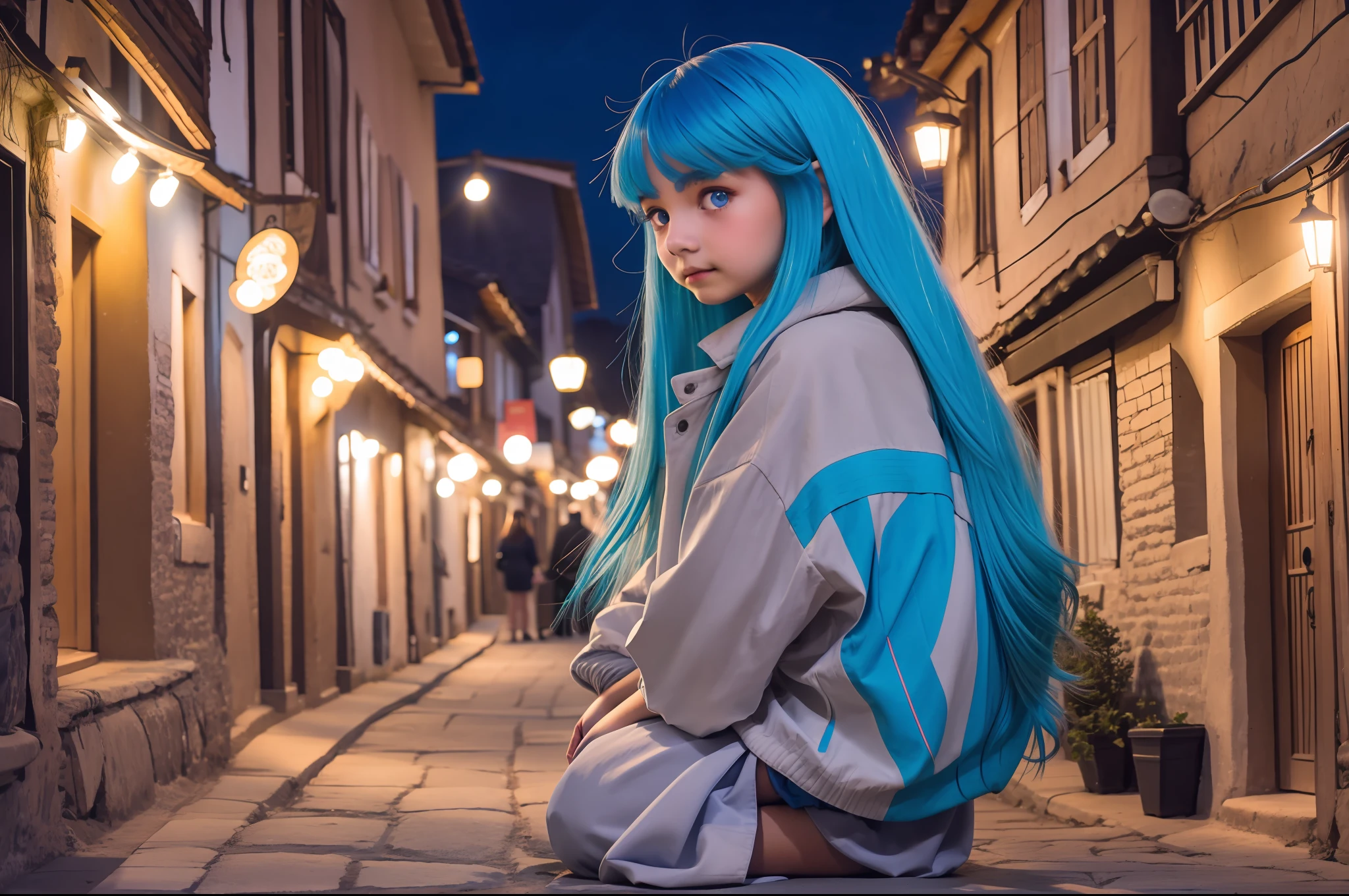 Medium blue haired girl in village lit up at night