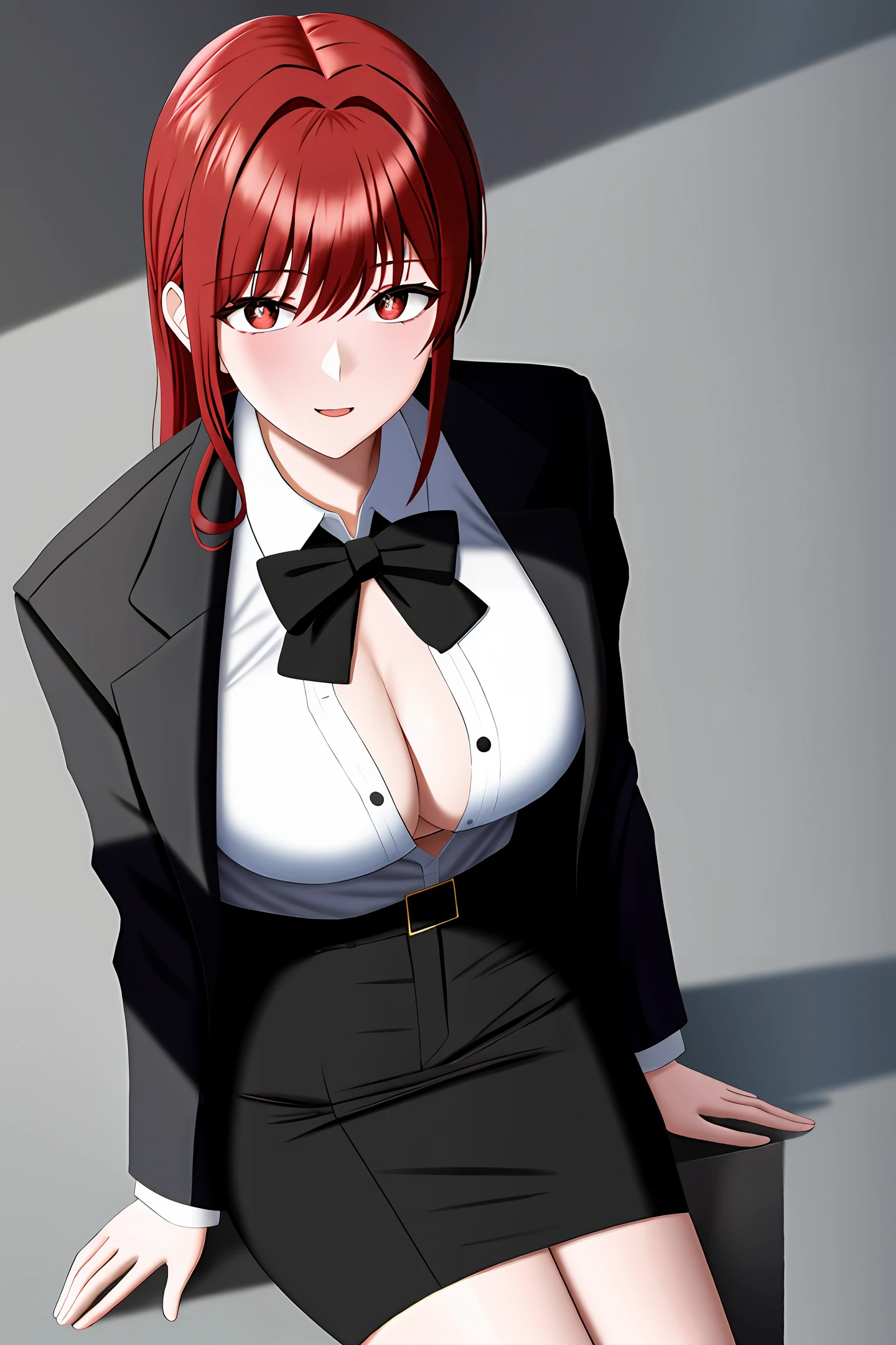 Redhead, white skin, wearing a black coat, a white shirt underneath, a black tie, a D cup, black silk red pupils on the legs