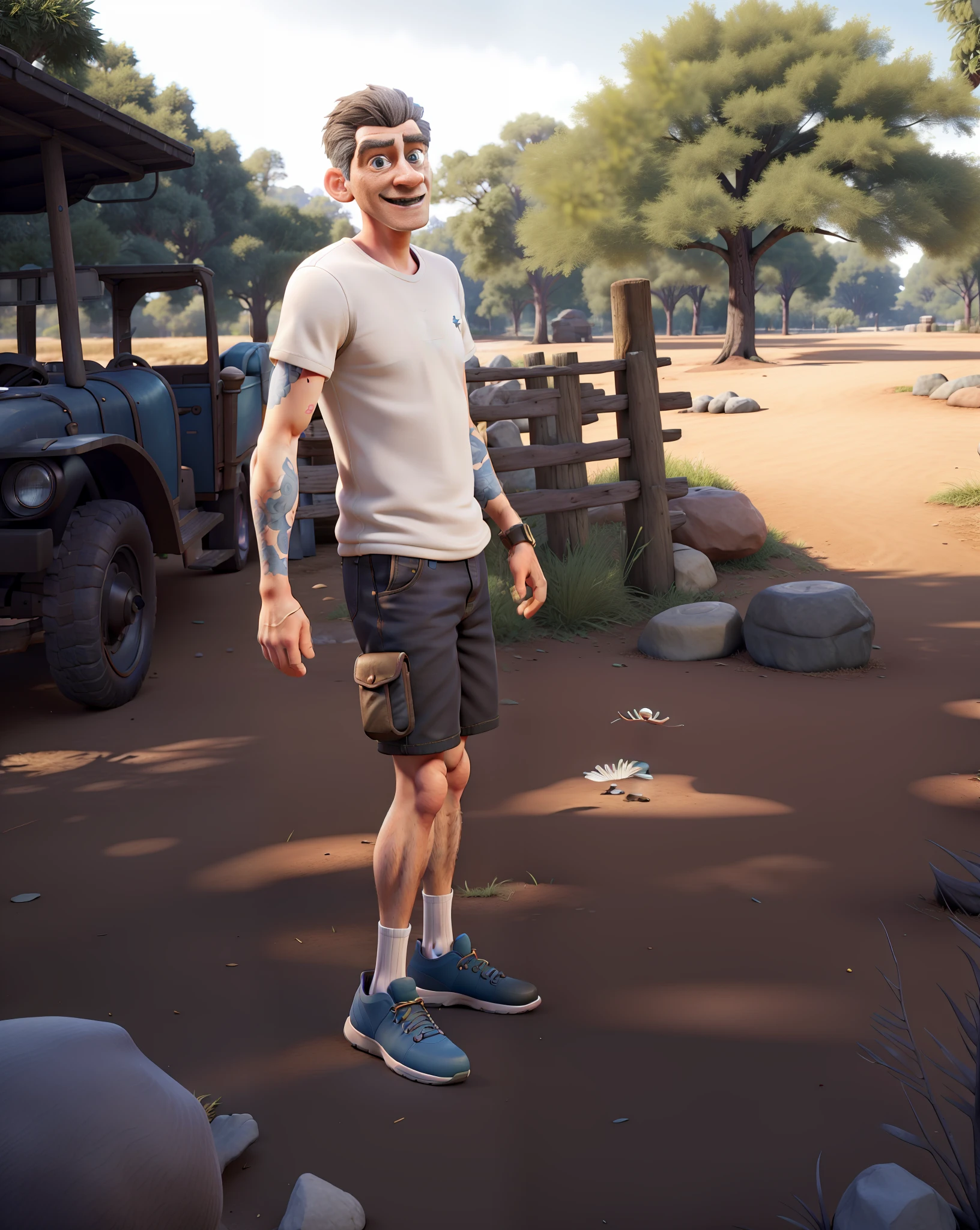 "Masterpiece, great quality, ultra realistic in high definition 8k, with an elderly man in black clothes, jeans and white sneakers in the park, natural environment, dynamic scenery, wonderful balance of light and shadow." senior 3D rendering artist, realistic afternoon lighting, realistically clothing, realistic 3D character, tall farmer, inspired by senior environmental artist, old CGI 3D rendered Bryce 3D, highly detailed character, small character. Unreal Engine 5, hyper-detailed full-body shooting, semi-realistic rendering, casual pose, super face detailing big blue eyes